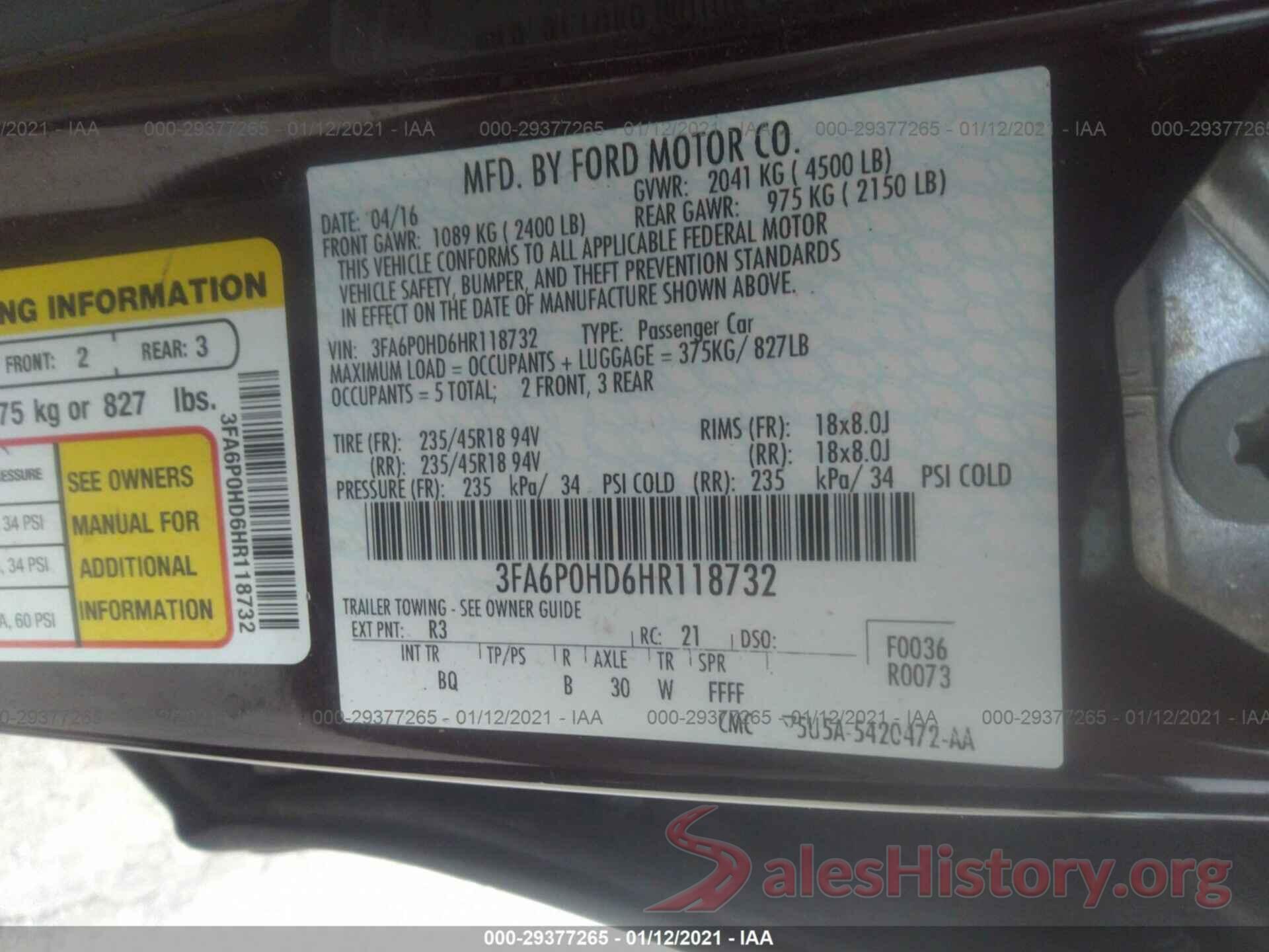 3FA6P0HD6HR118732 2017 FORD FUSION