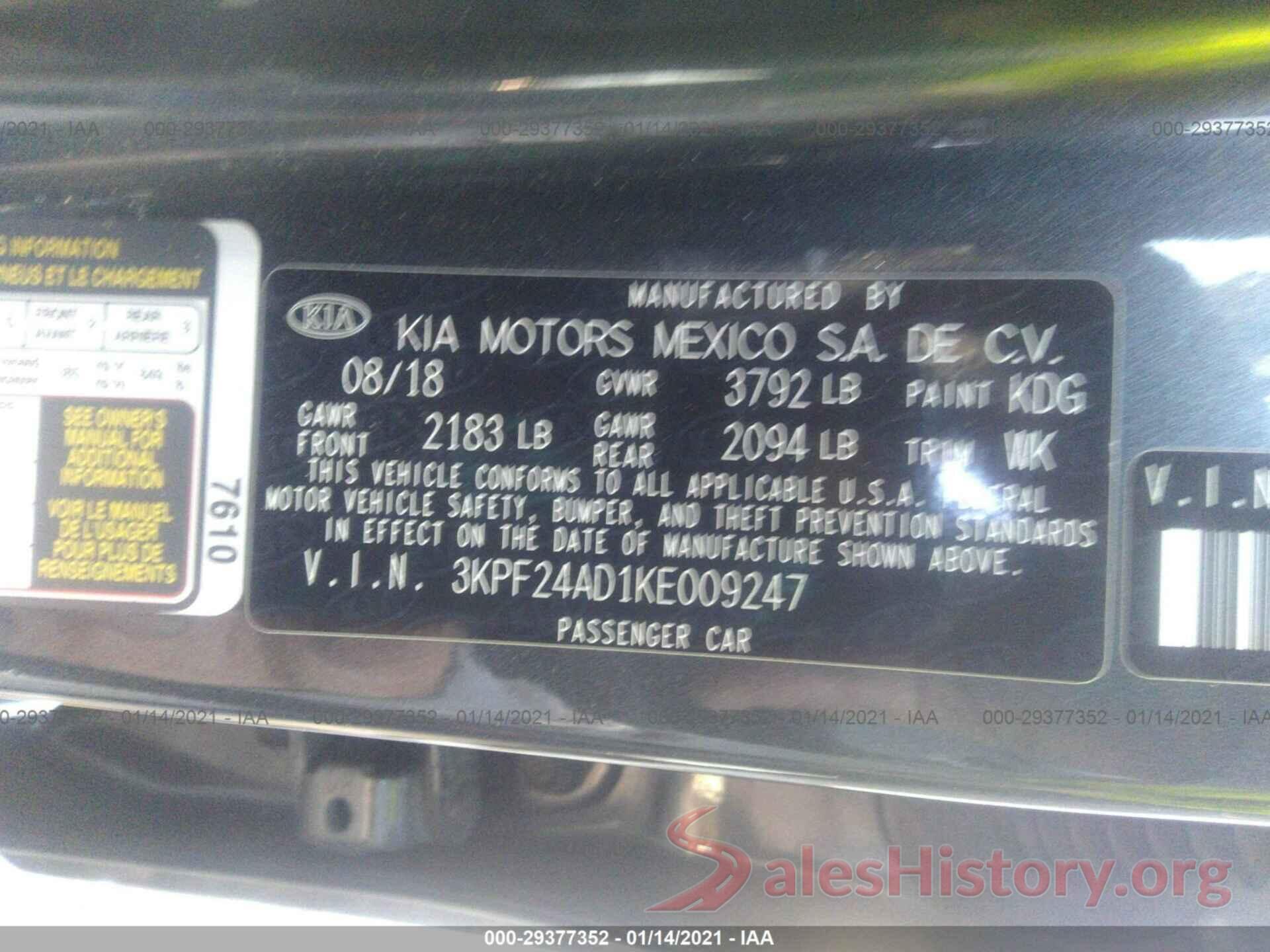 3KPF24AD1KE009247 2019 KIA FORTE