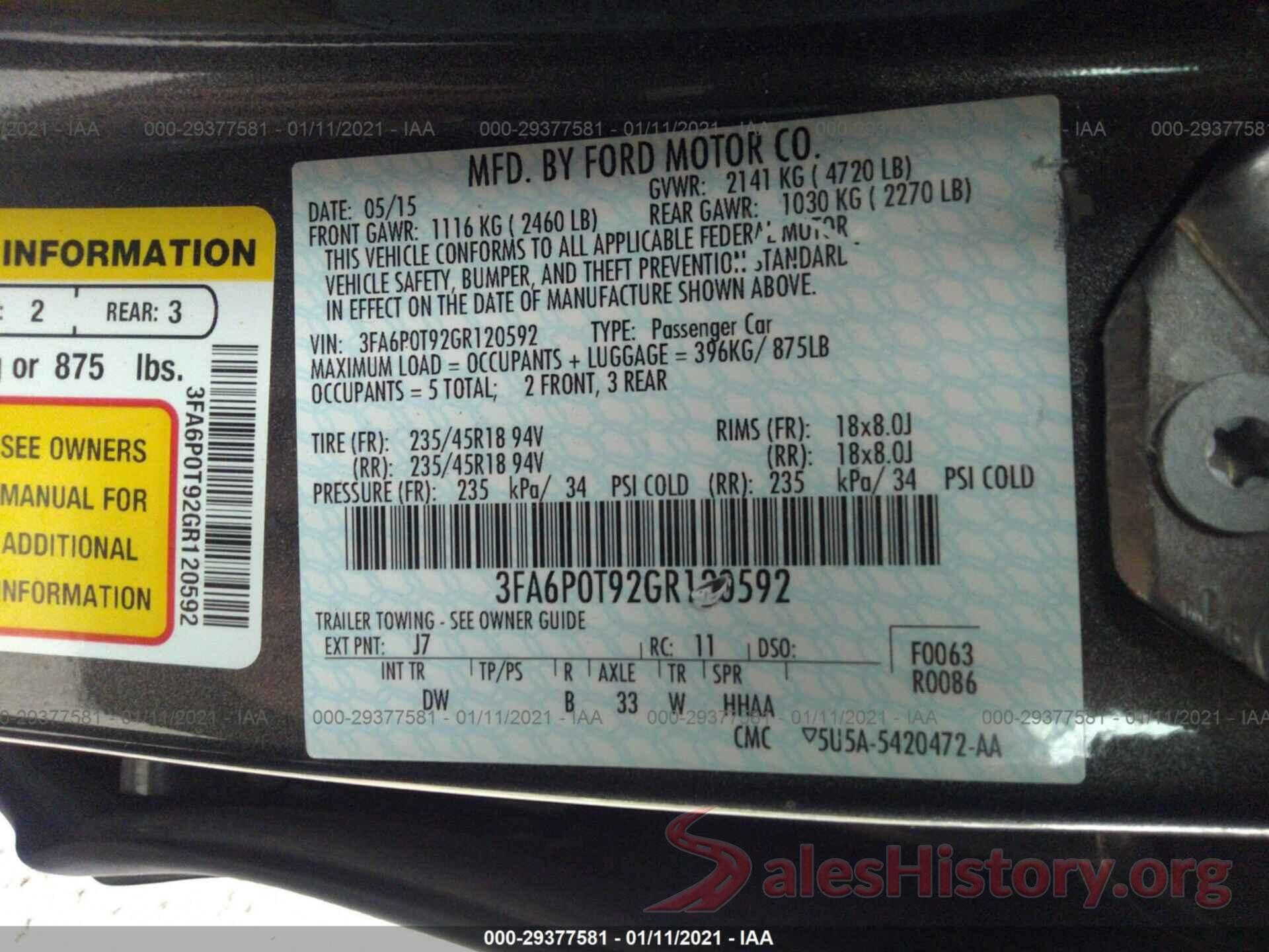 3FA6P0T92GR120592 2016 FORD FUSION