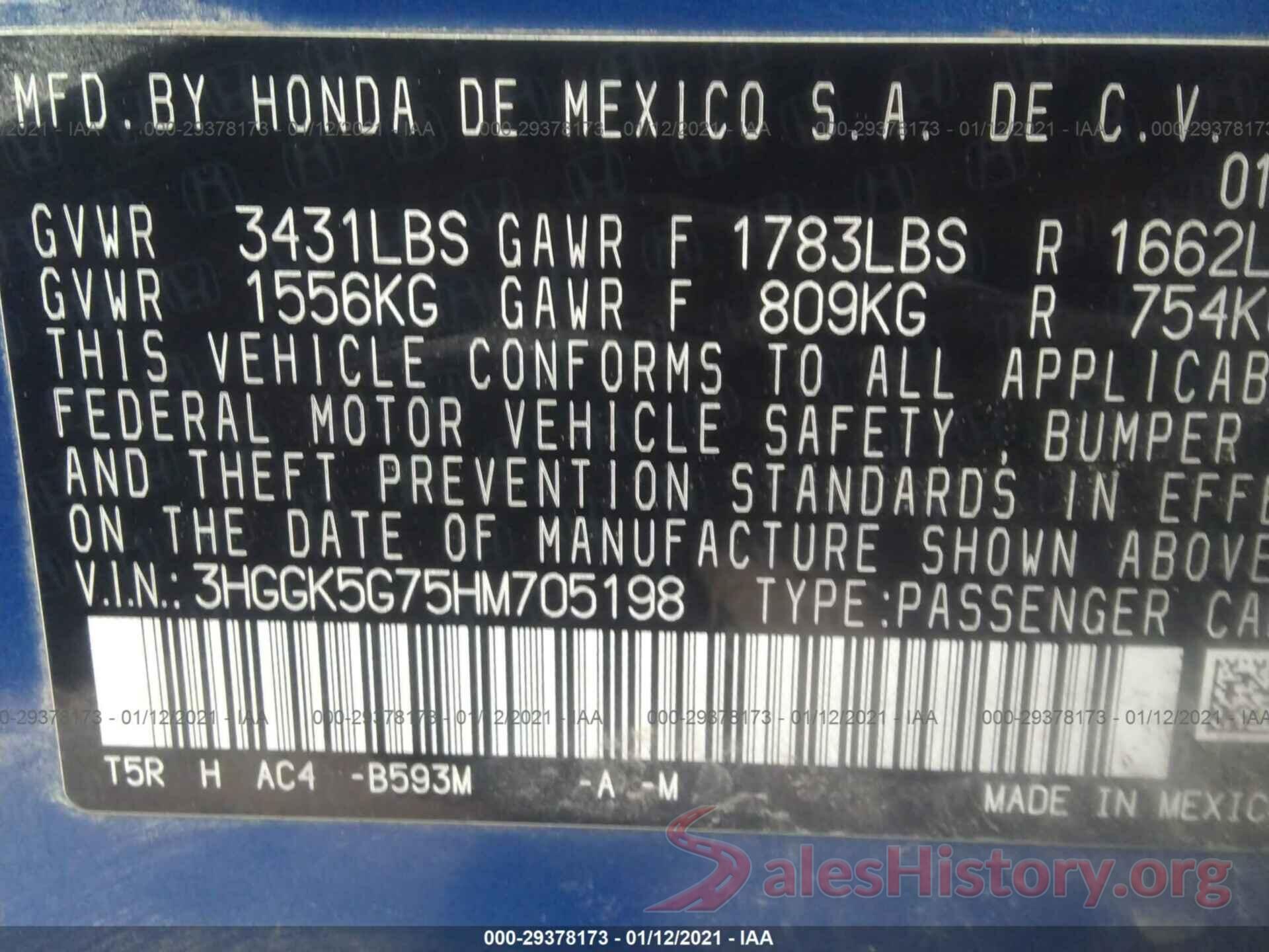 3HGGK5G75HM705198 2017 HONDA FIT