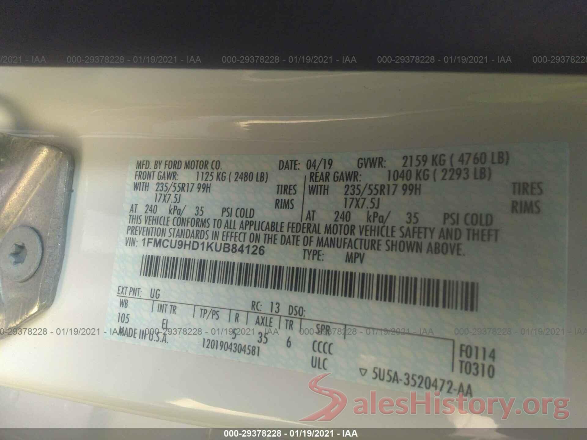 1FMCU9HD1KUB84126 2019 FORD ESCAPE