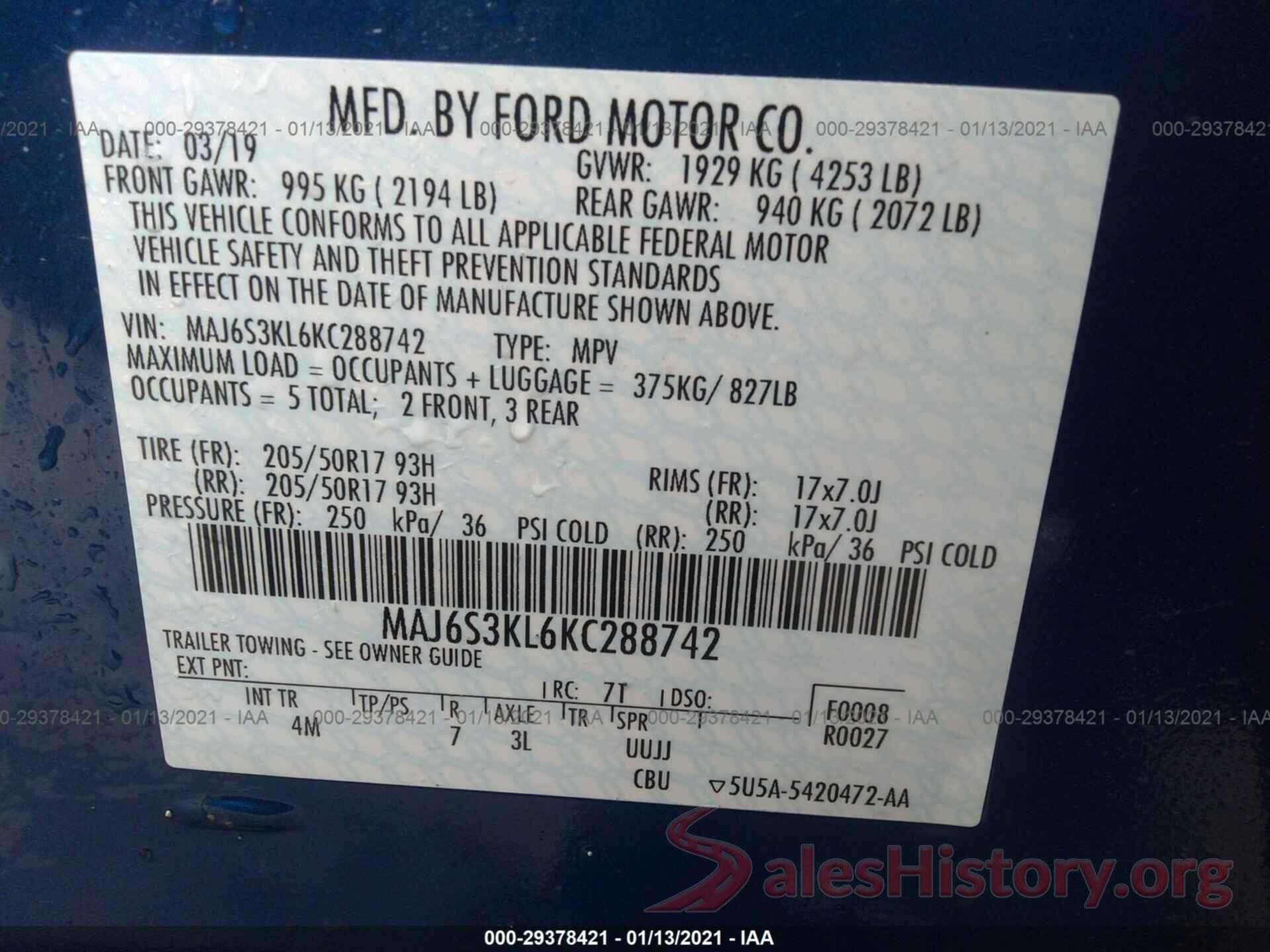 MAJ6S3KL6KC288742 2019 FORD ECOSPORT