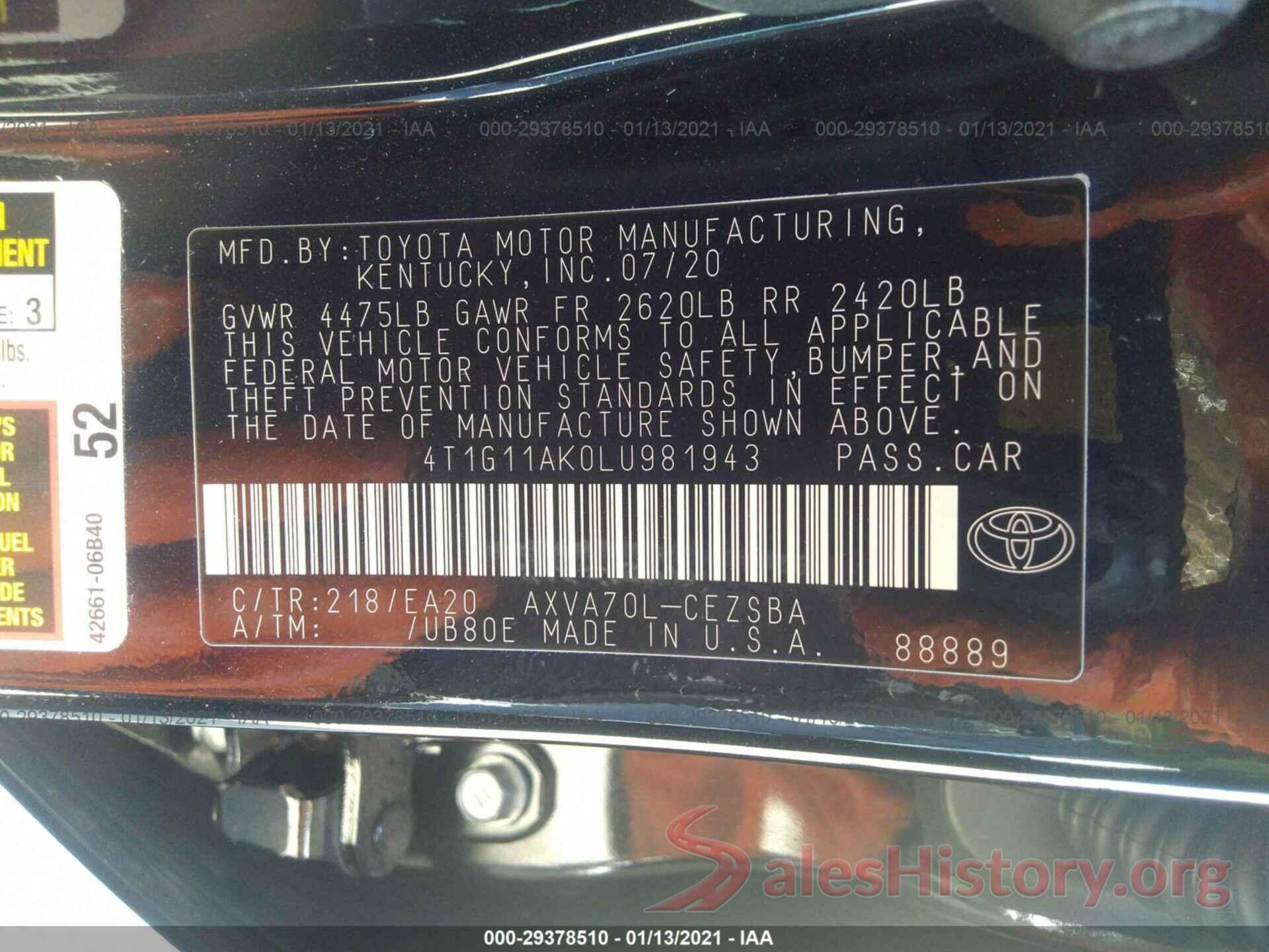 4T1G11AK0LU981943 2020 TOYOTA CAMRY