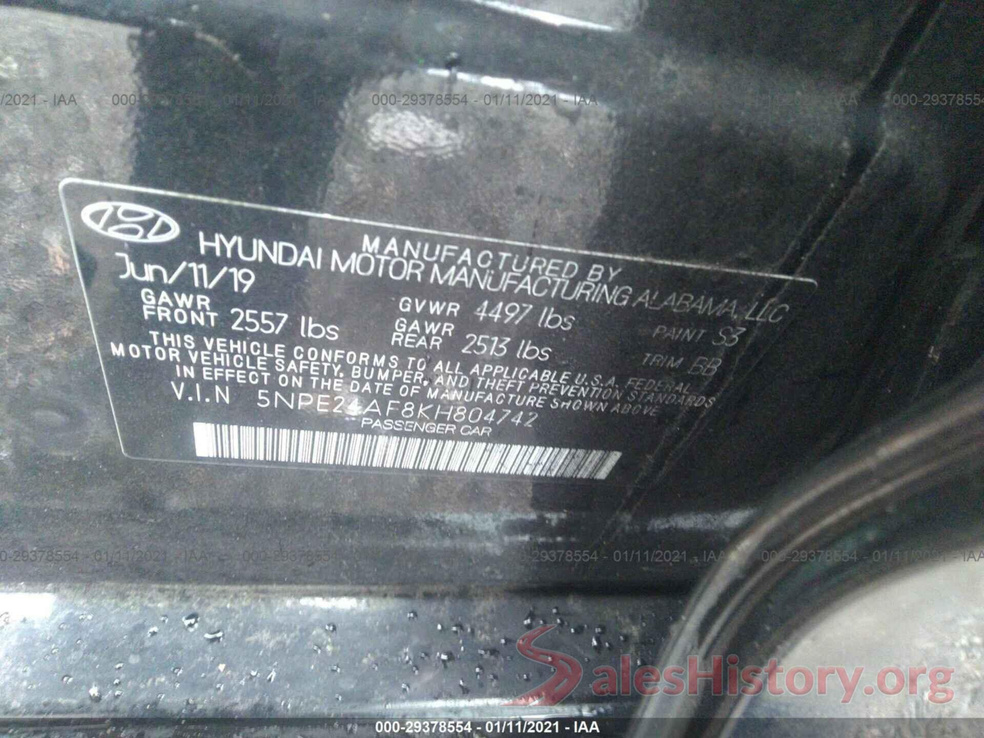 5NPE24AF8KH804742 2019 HYUNDAI SONATA