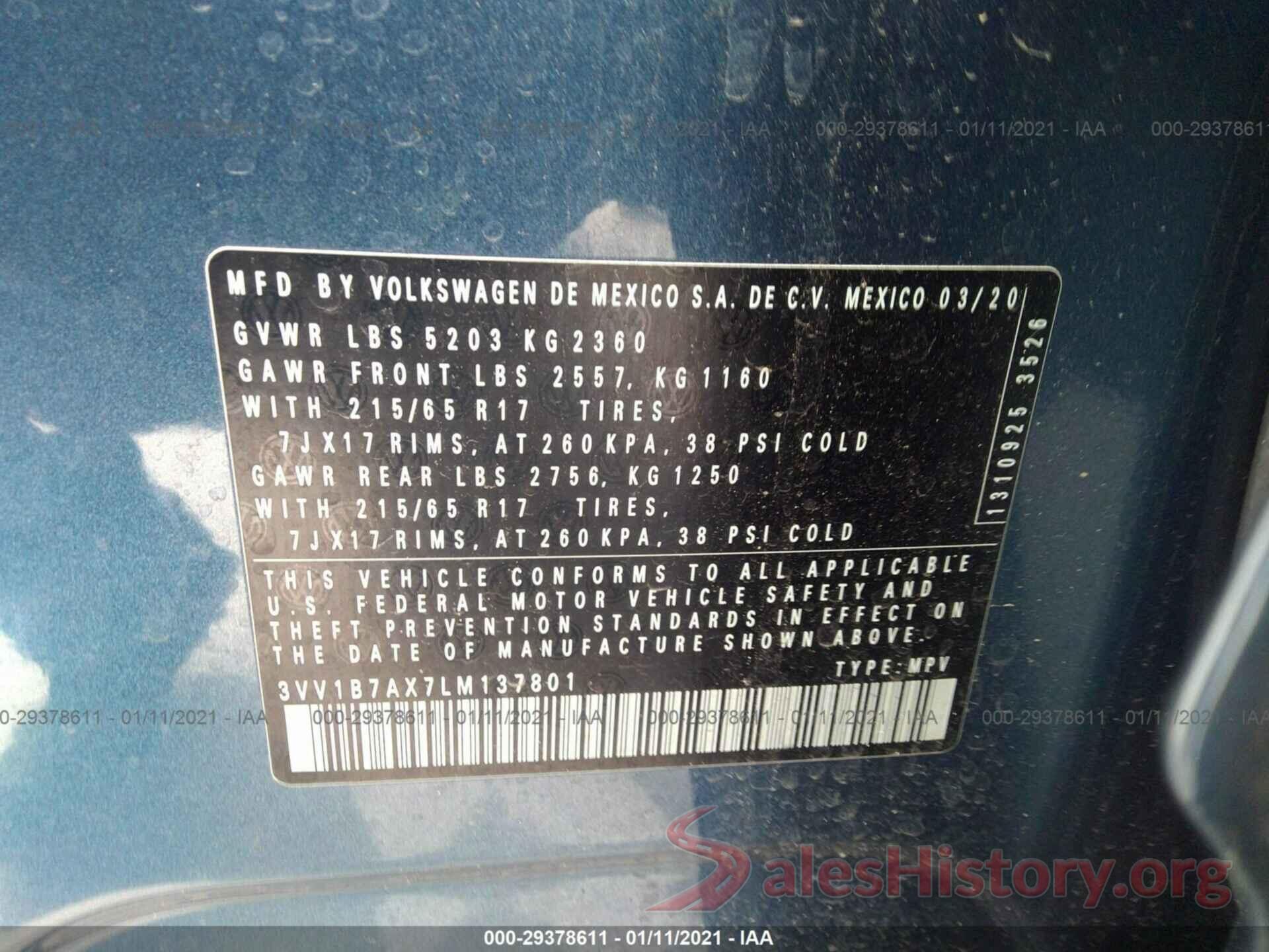 3VV1B7AX7LM137801 2020 VOLKSWAGEN TIGUAN