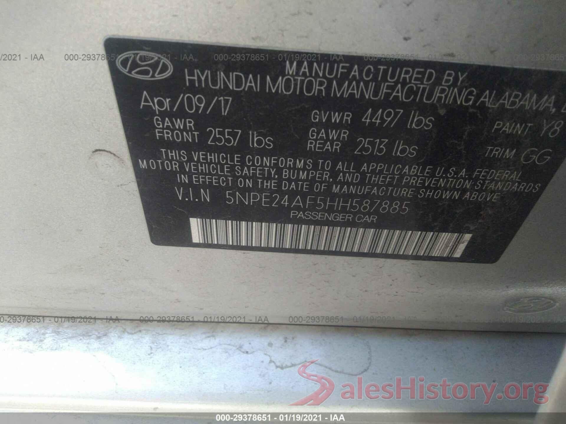 5NPE24AF5HH587885 2017 HYUNDAI SONATA