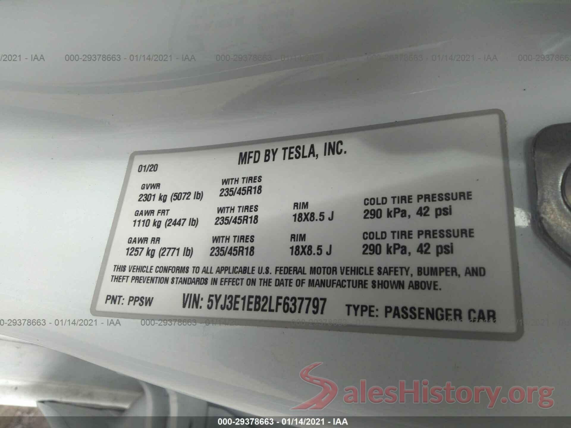 5YJ3E1EB2LF637797 2020 TESLA MODEL 3