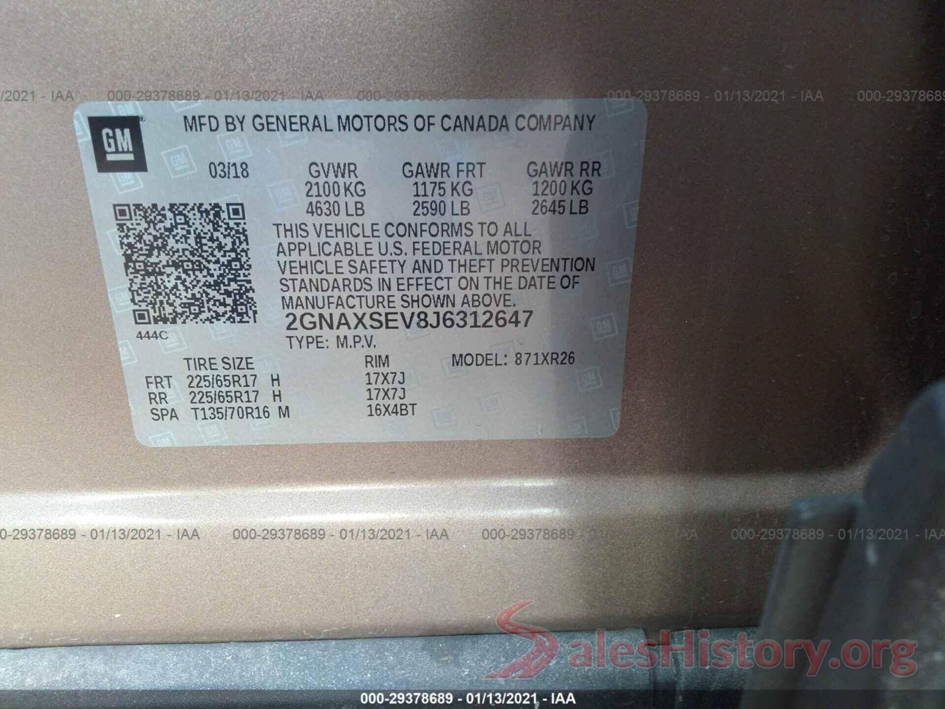 2GNAXSEV8J6312647 2018 CHEVROLET EQUINOX