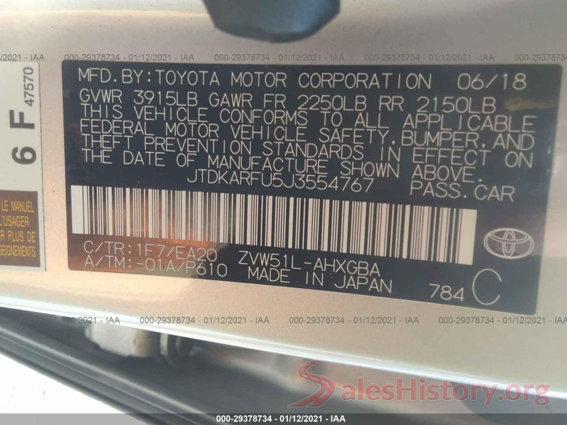 JTDKARFU5J3554767 2018 TOYOTA PRIUS