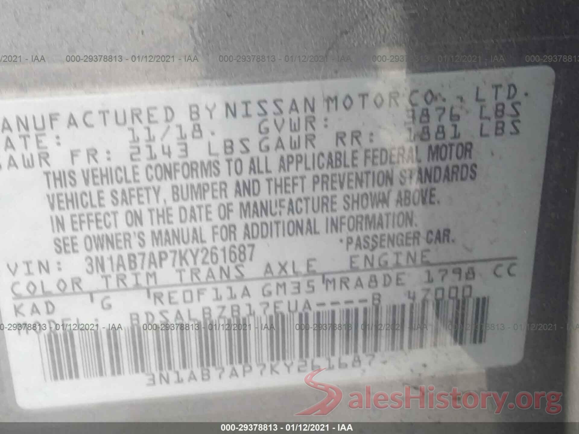 3N1AB7AP7KY261687 2019 NISSAN SENTRA