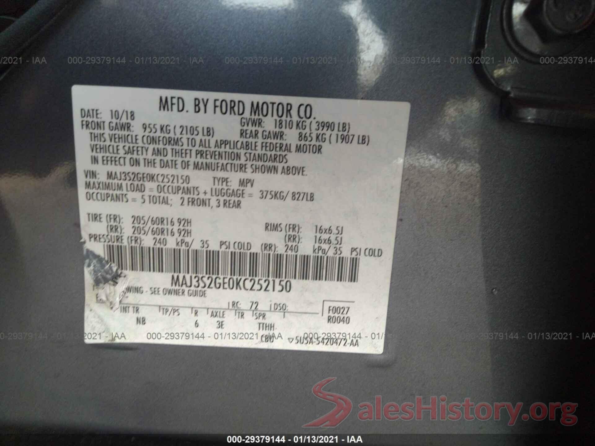 MAJ3S2GE0KC252150 2019 FORD ECOSPORT