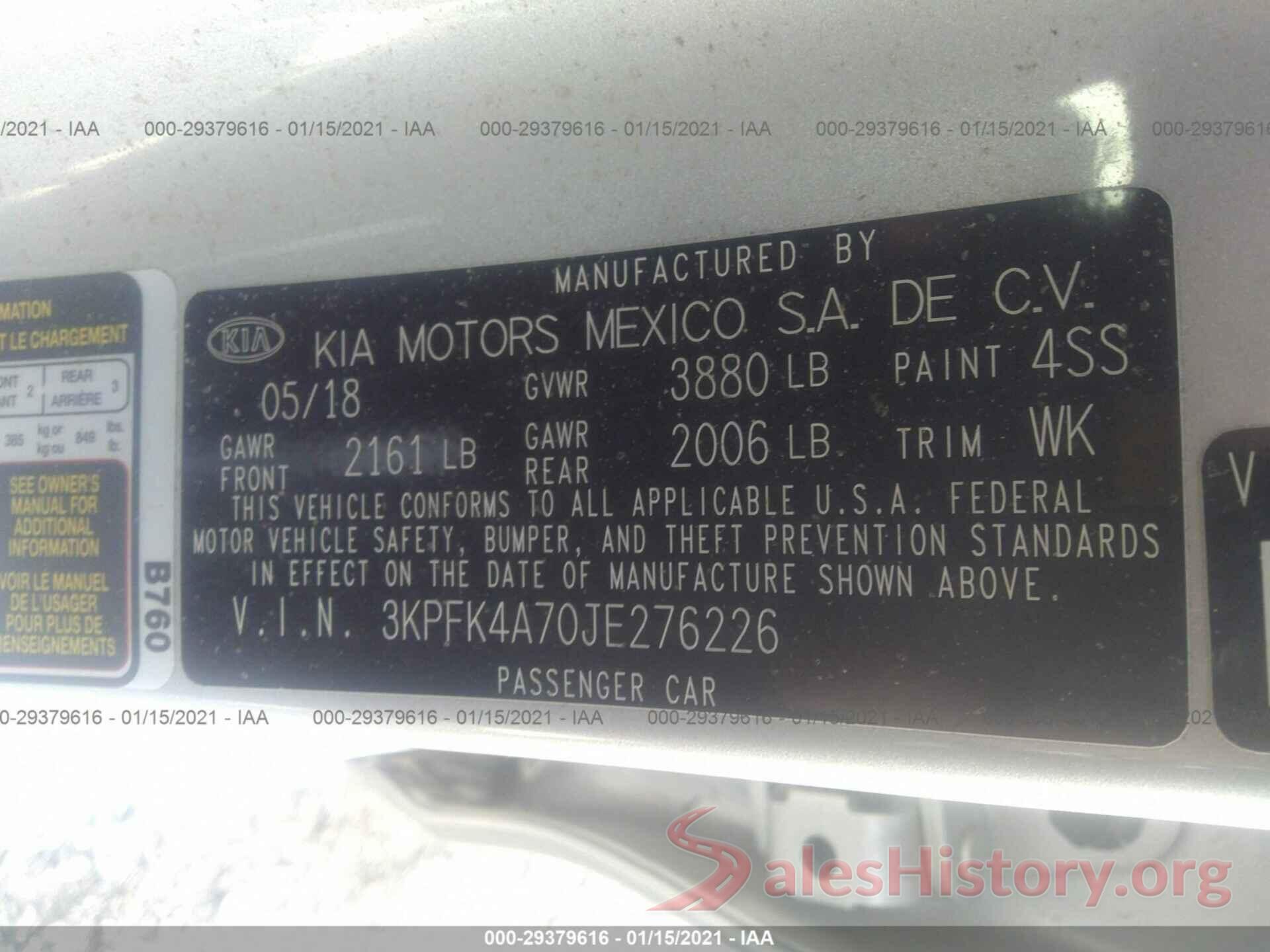 3KPFK4A70JE276226 2018 KIA FORTE