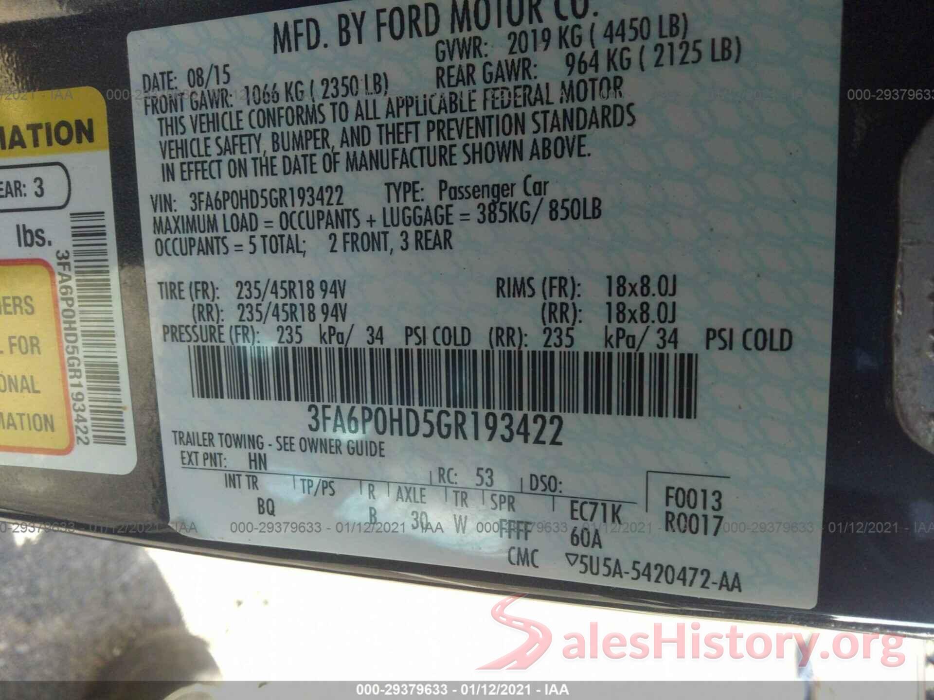 3FA6P0HD5GR193422 2016 FORD FUSION