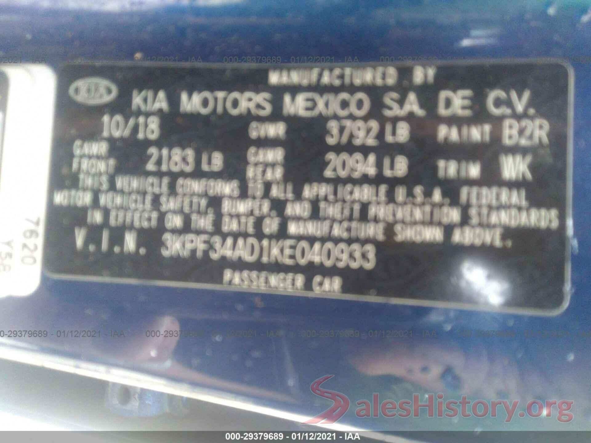 3KPF34AD1KE040933 2019 KIA FORTE