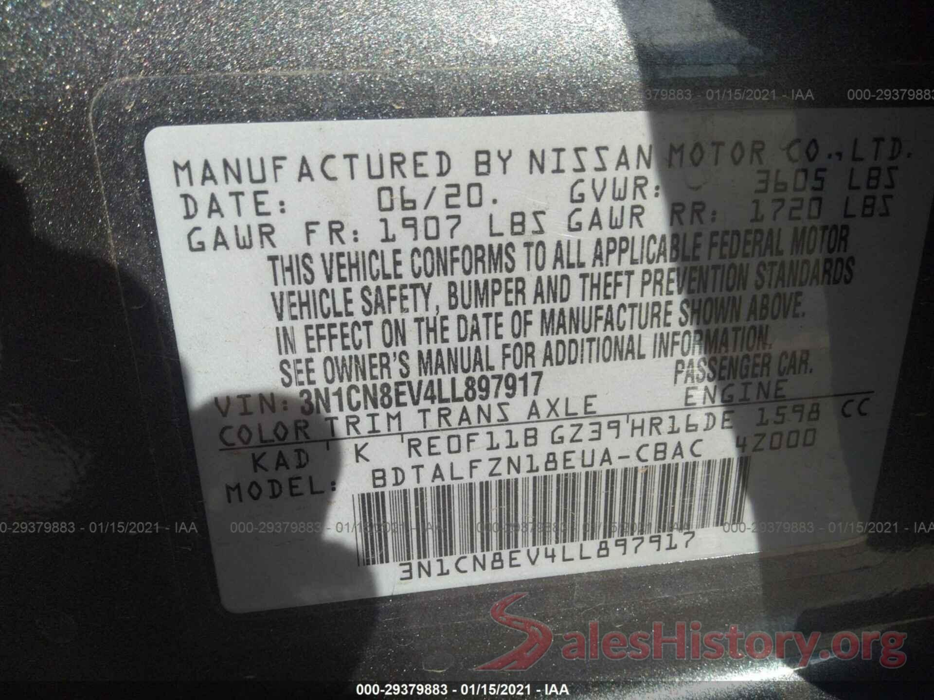 3N1CN8EV4LL897917 2020 NISSAN VERSA