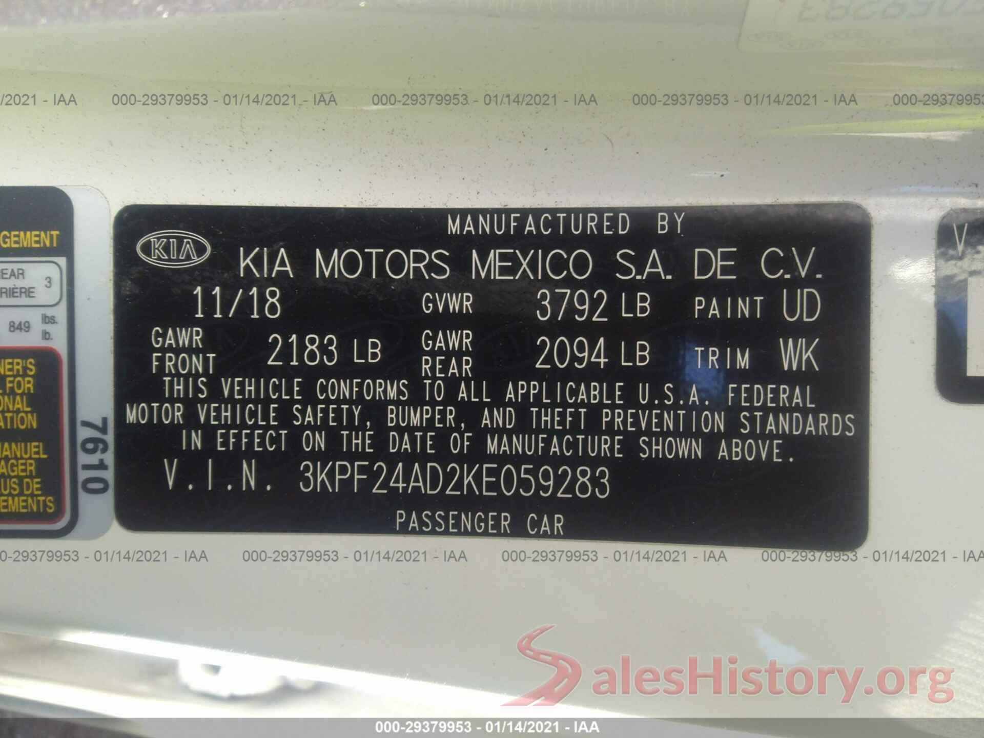 3KPF24AD2KE059283 2019 KIA FORTE