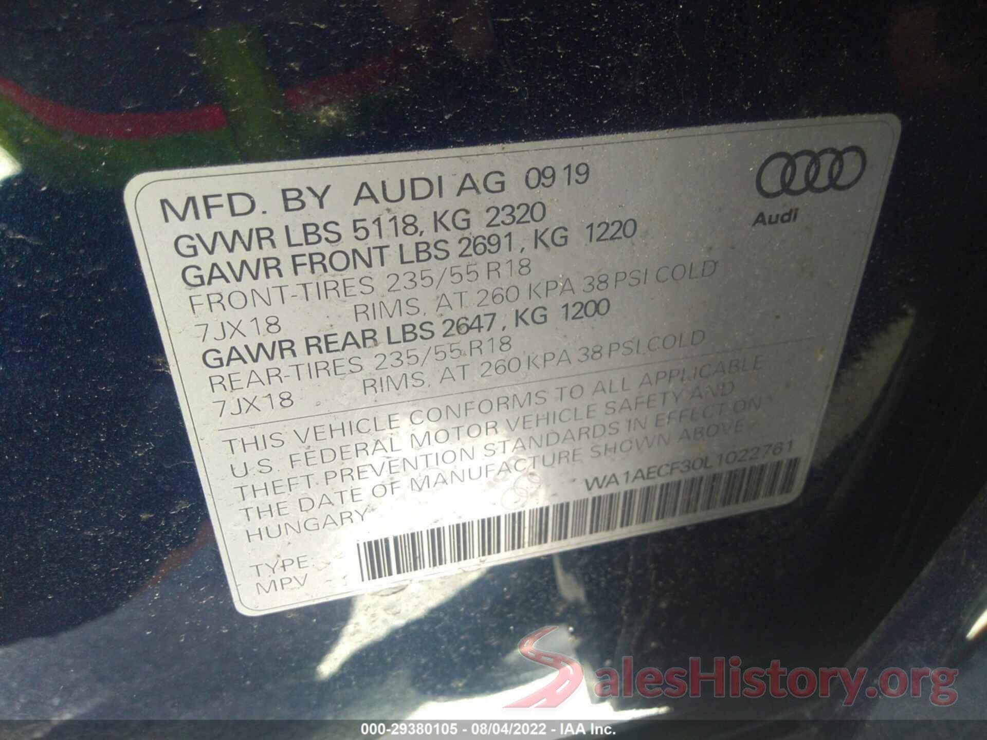 WA1AECF30L1022761 2020 AUDI Q3