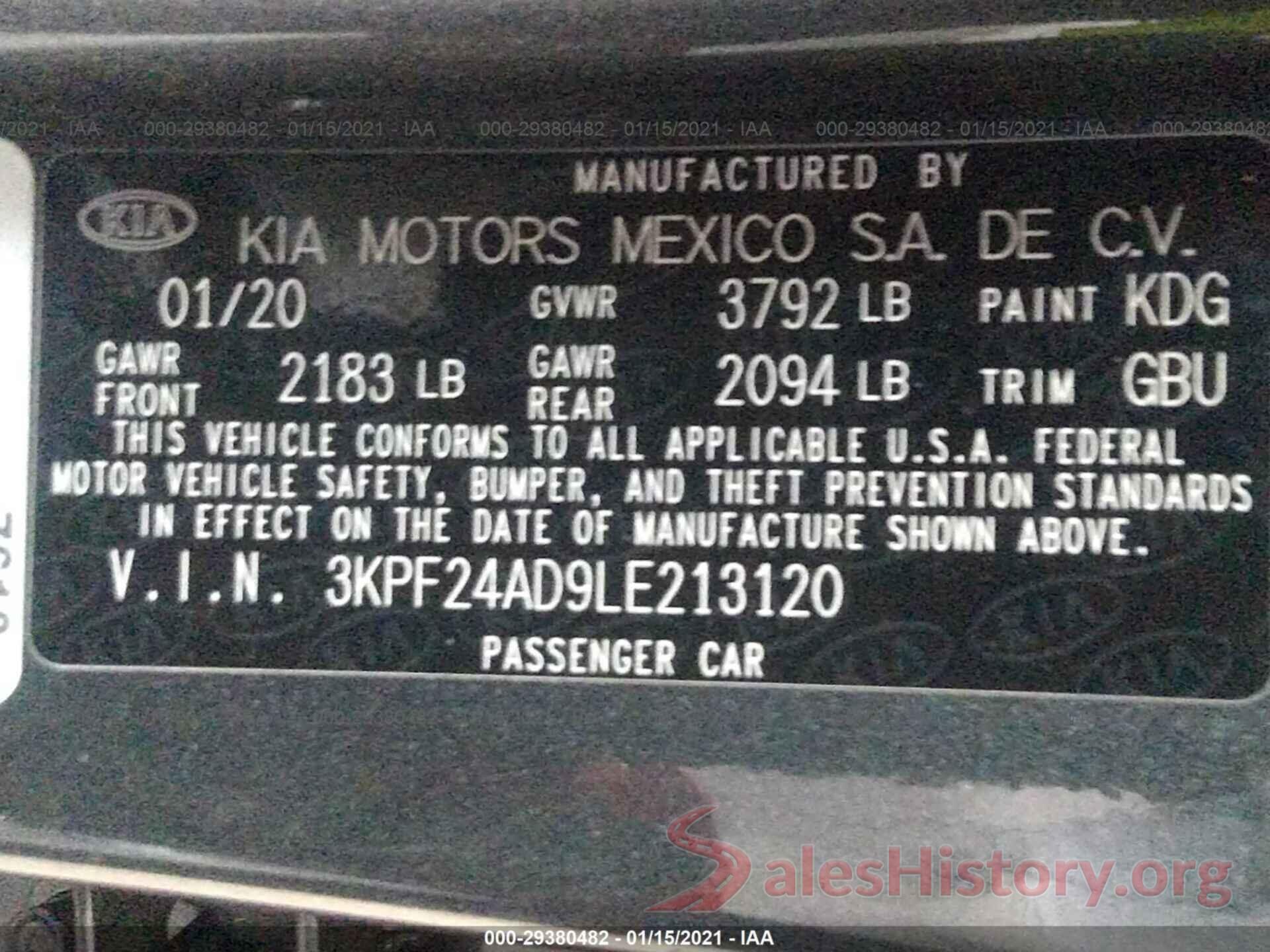 3KPF24AD9LE213120 2020 KIA FORTE