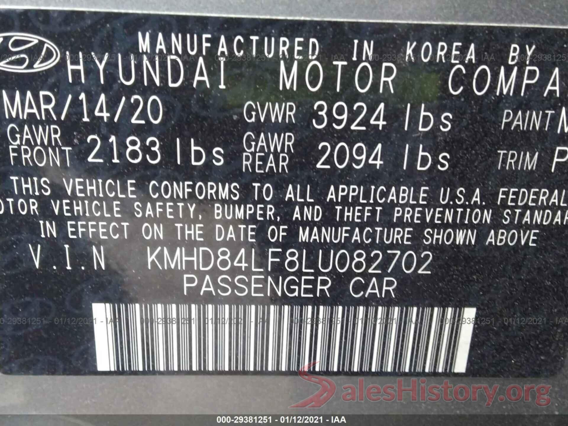 KMHD84LF8LU082702 2020 HYUNDAI ELANTRA