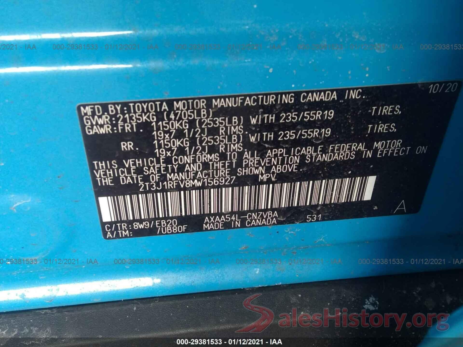 2T3J1RFV8MW156927 2021 TOYOTA RAV4