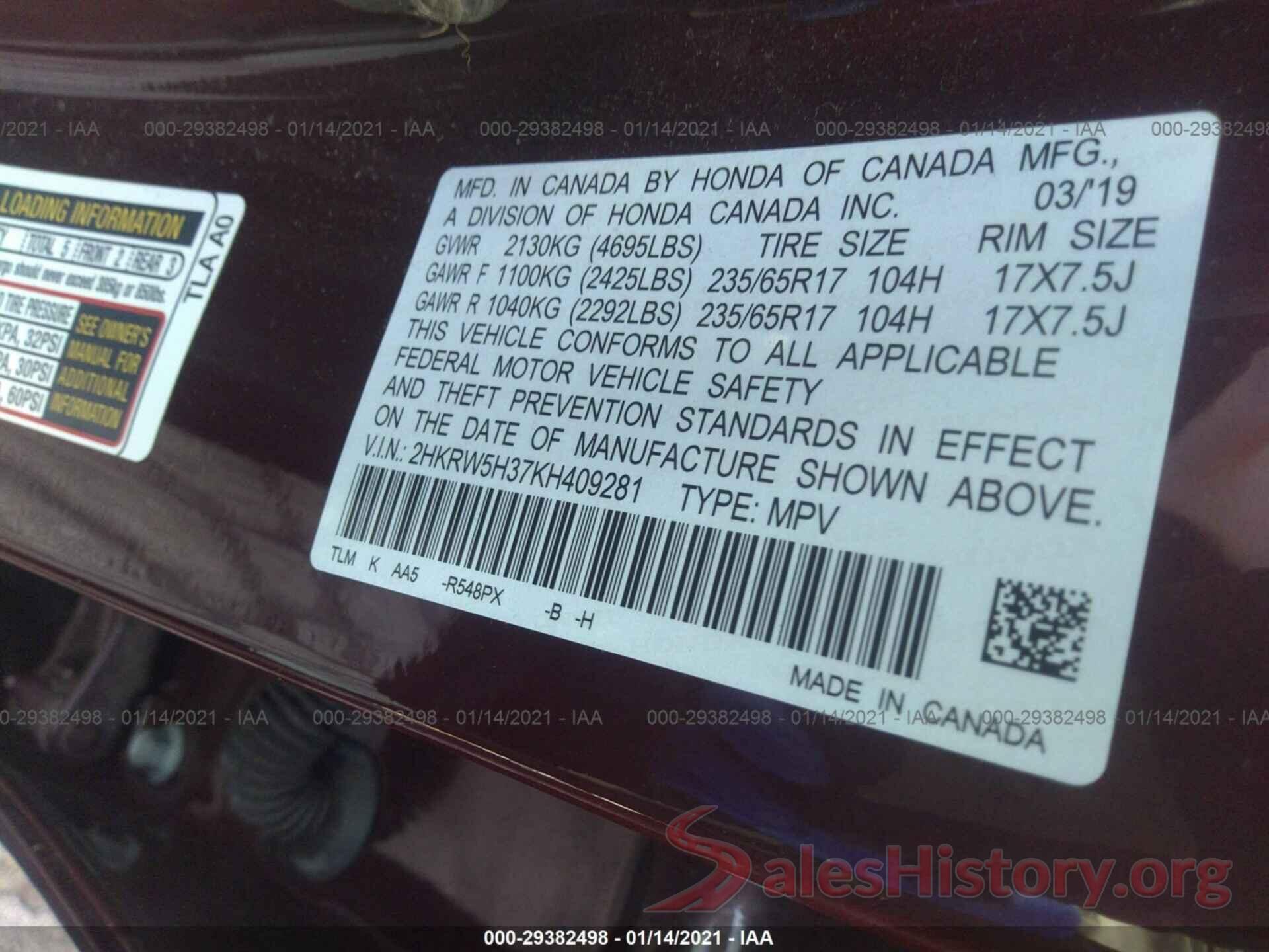 2HKRW5H37KH409281 2019 HONDA CR-V