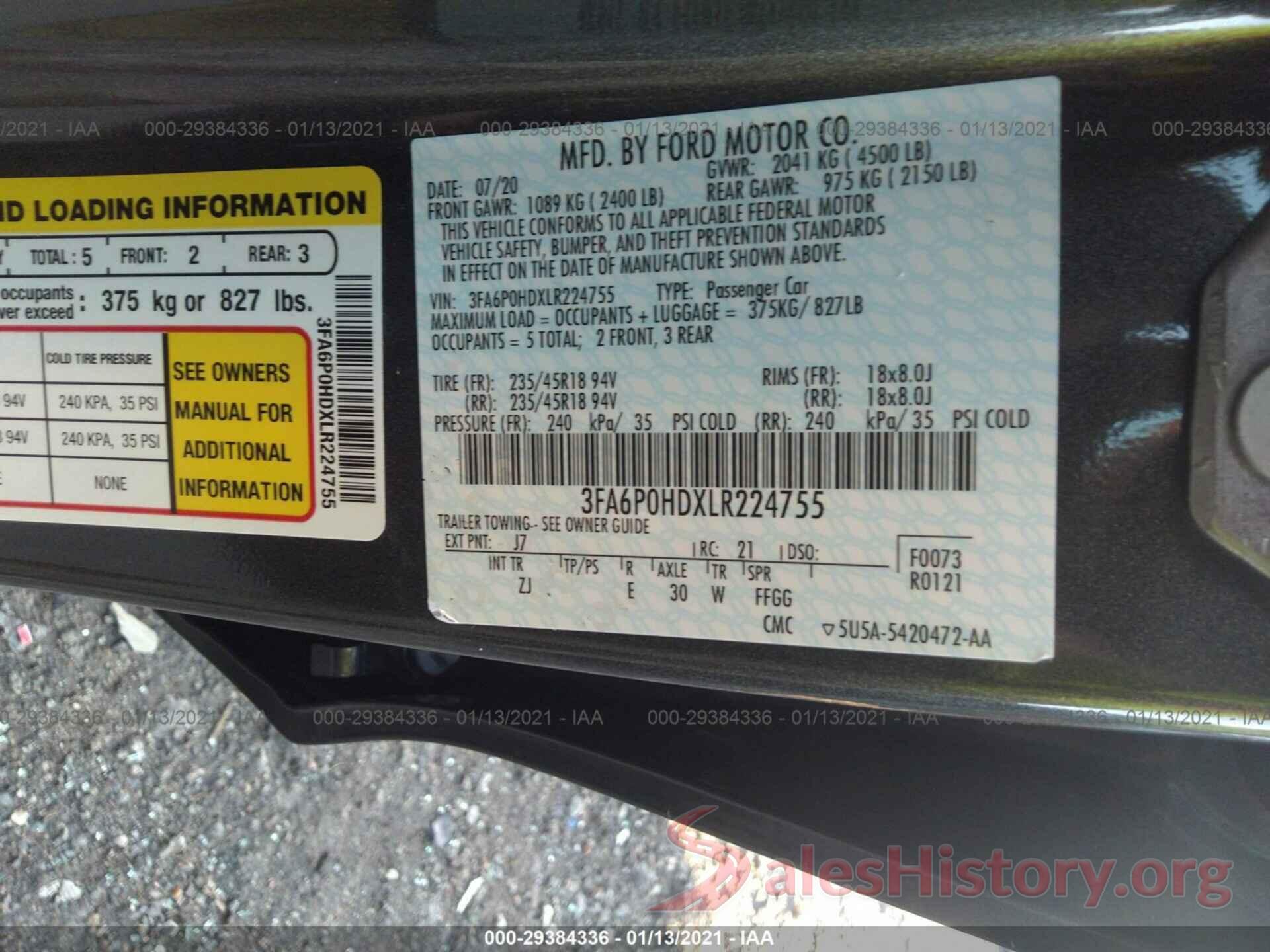 3FA6P0HDXLR224755 2020 FORD FUSION