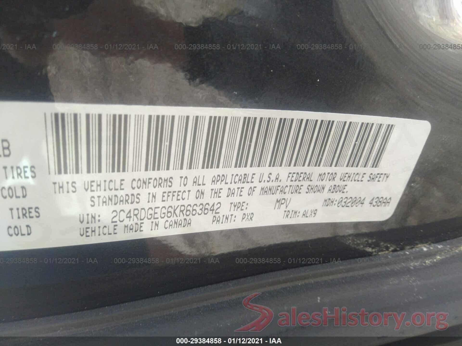 2C4RDGEG6KR663642 2019 DODGE GRAND CARAVAN