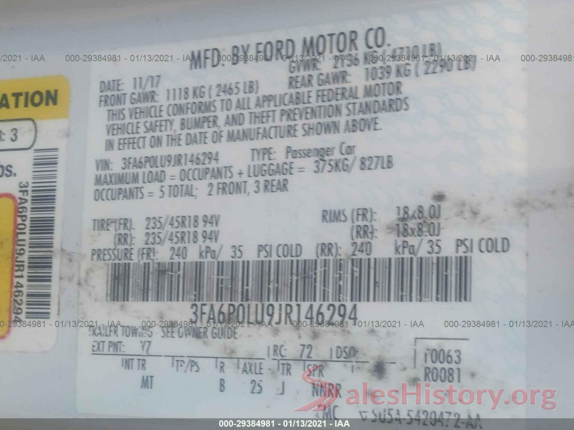 3FA6P0LU9JR146294 2018 FORD FUSION HYBRID