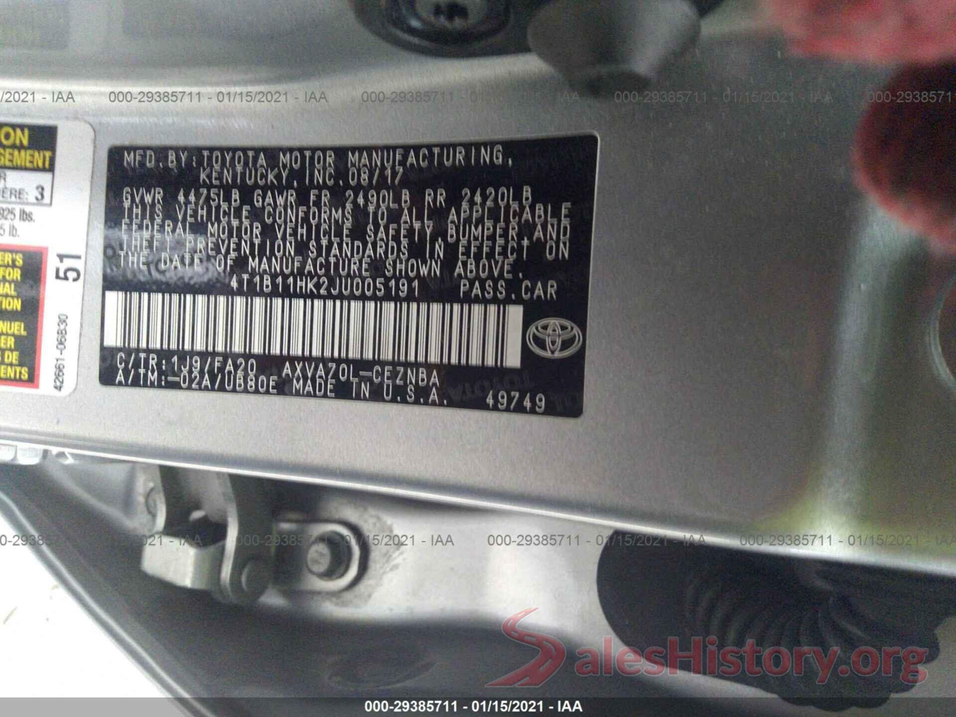 4T1B11HK2JU005191 2018 TOYOTA CAMRY