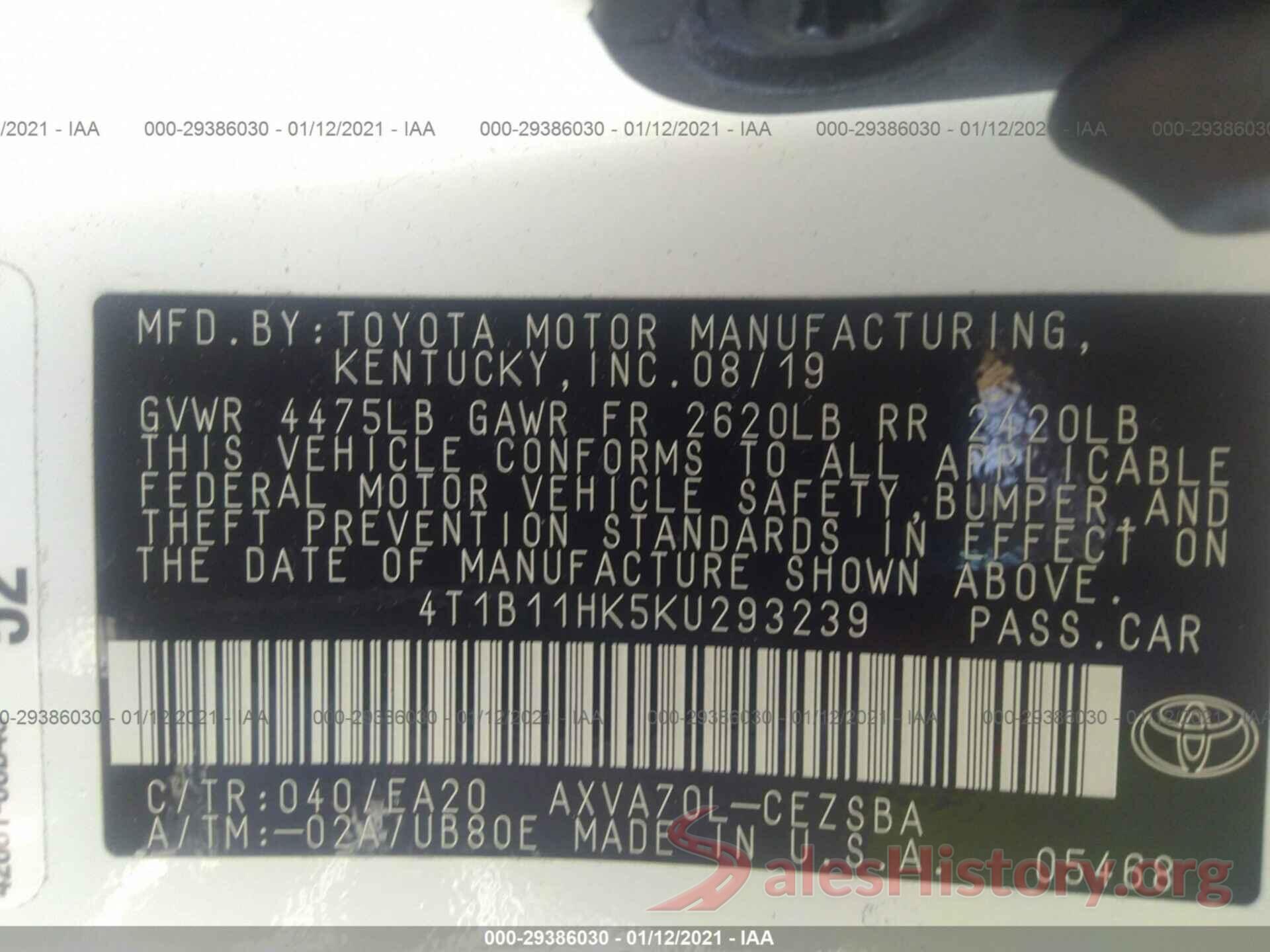 4T1B11HK5KU293239 2019 TOYOTA CAMRY