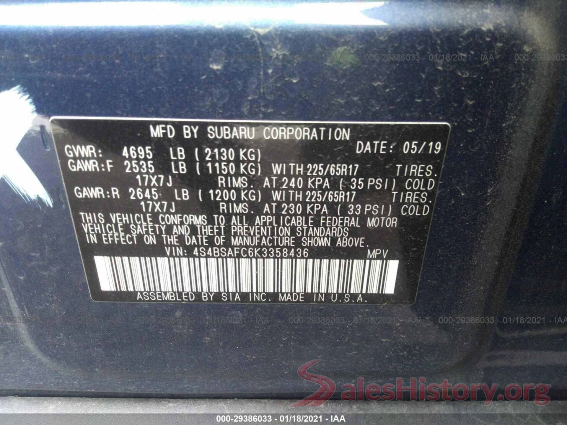 4S4BSAFC6K3358436 2019 SUBARU OUTBACK