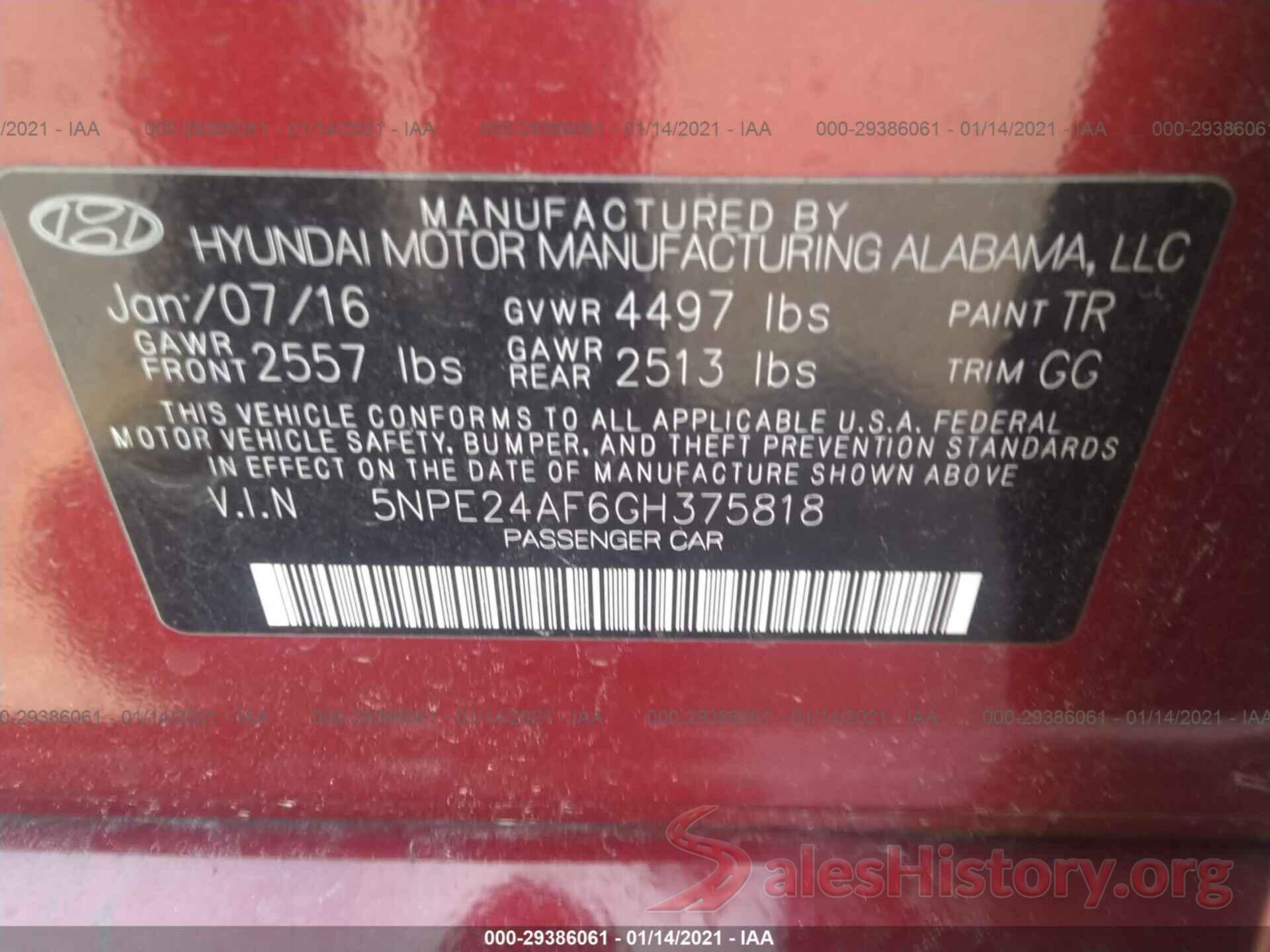 5NPE24AF6GH375818 2016 HYUNDAI SONATA