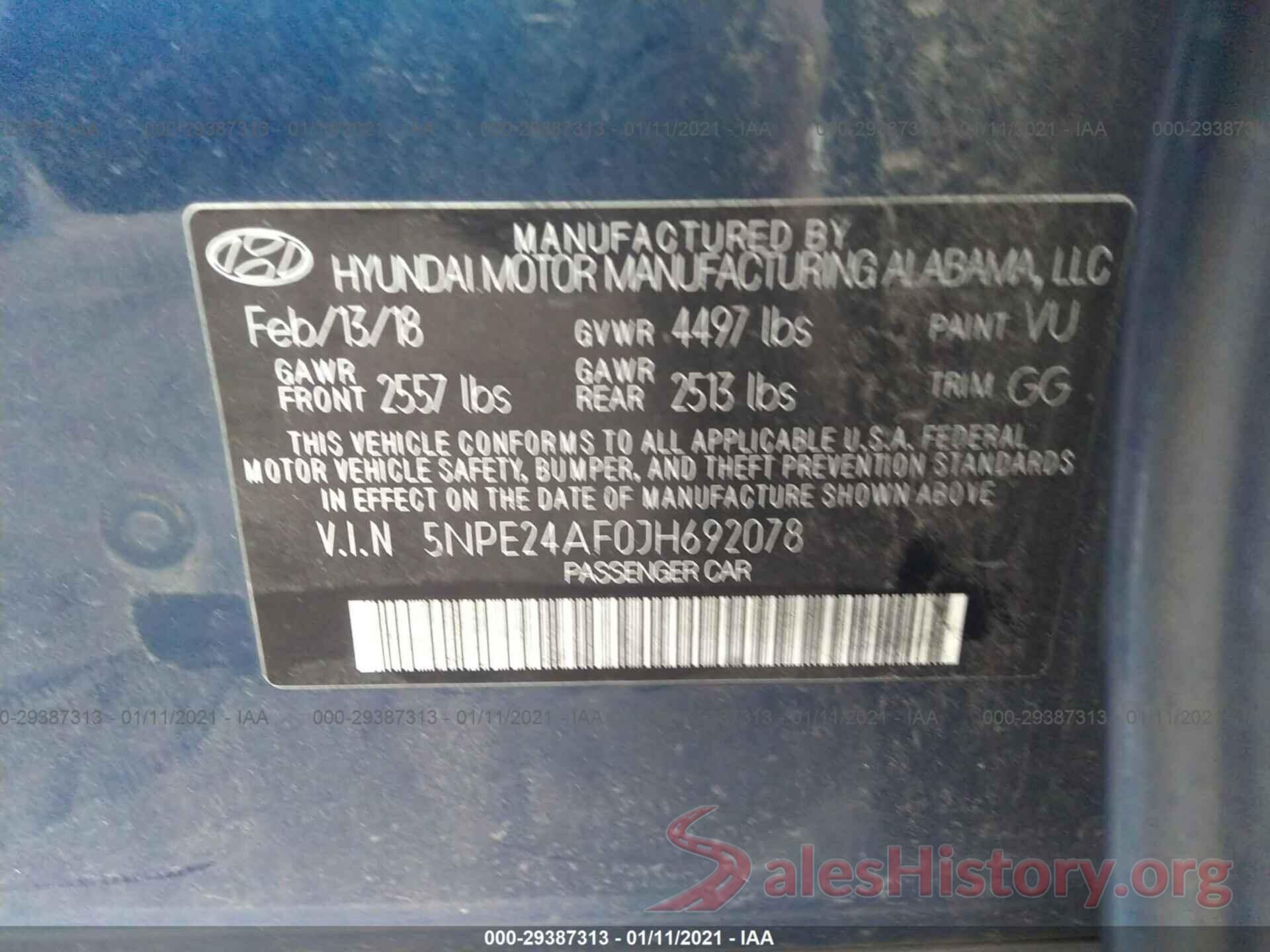 5NPE24AF0JH692078 2018 HYUNDAI SONATA