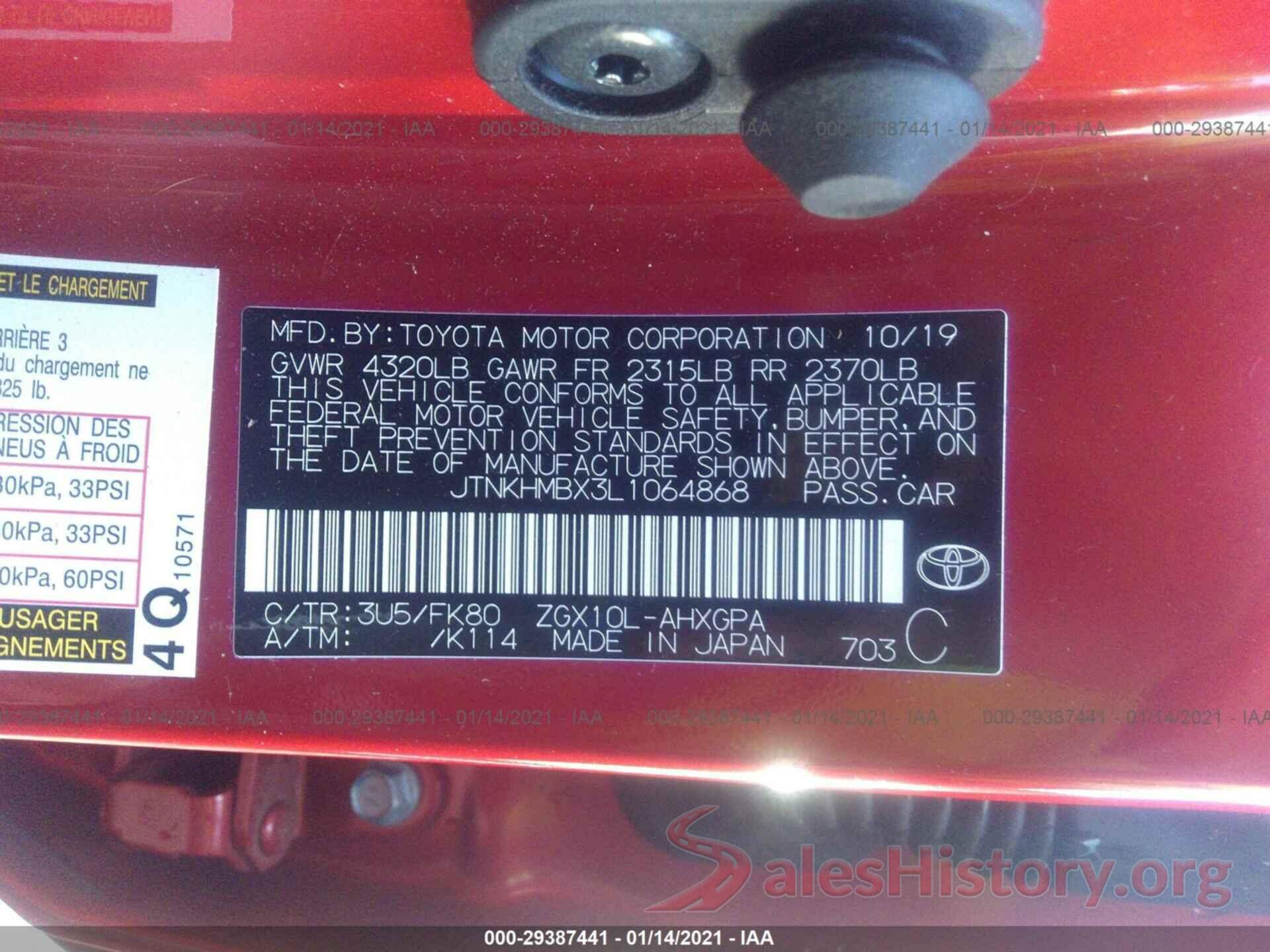 JTNKHMBX3L1064868 2020 TOYOTA C-HR