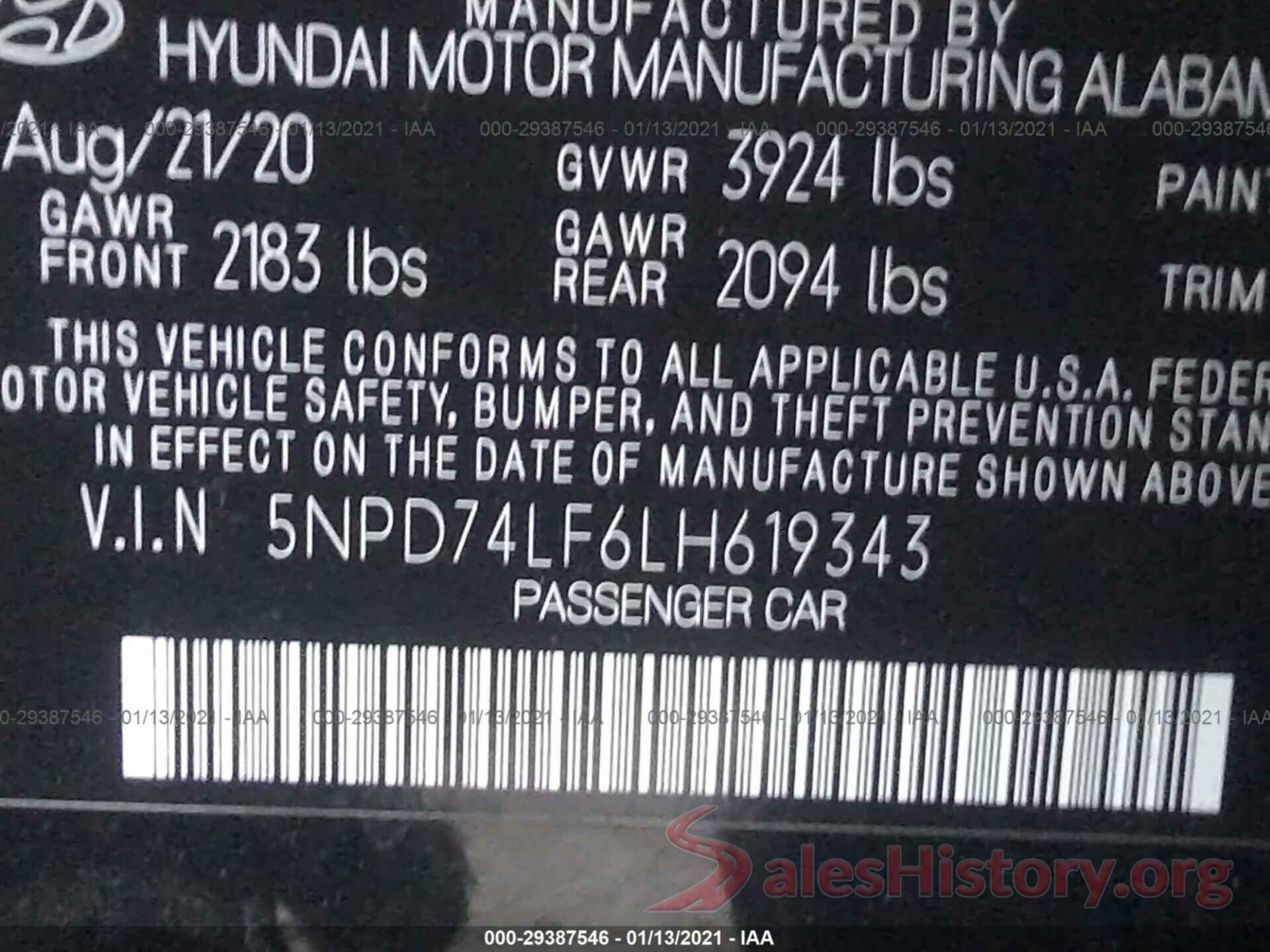 5NPD74LF6LH619343 2020 HYUNDAI ELANTRA