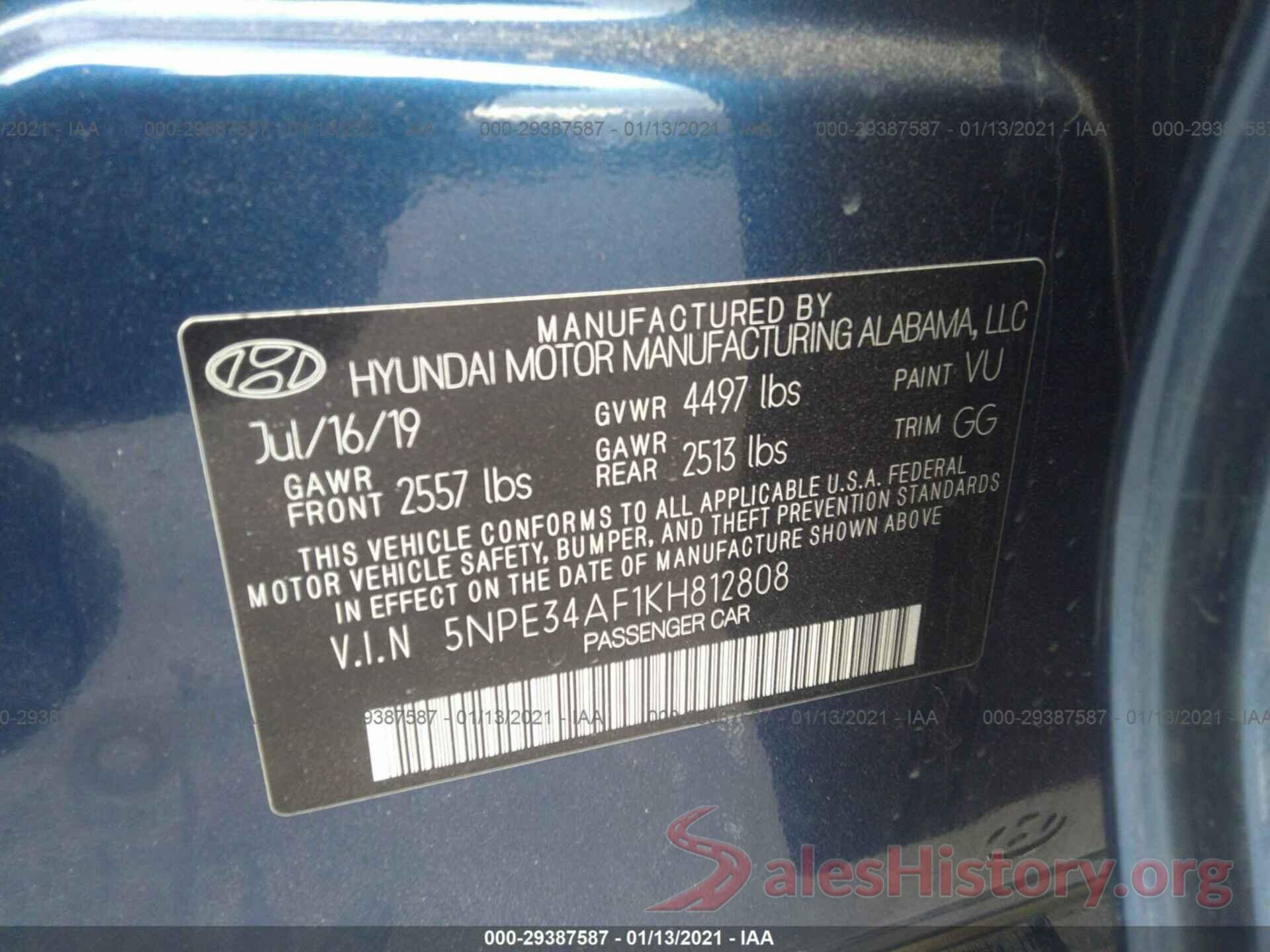 5NPE34AF1KH812808 2019 HYUNDAI SONATA