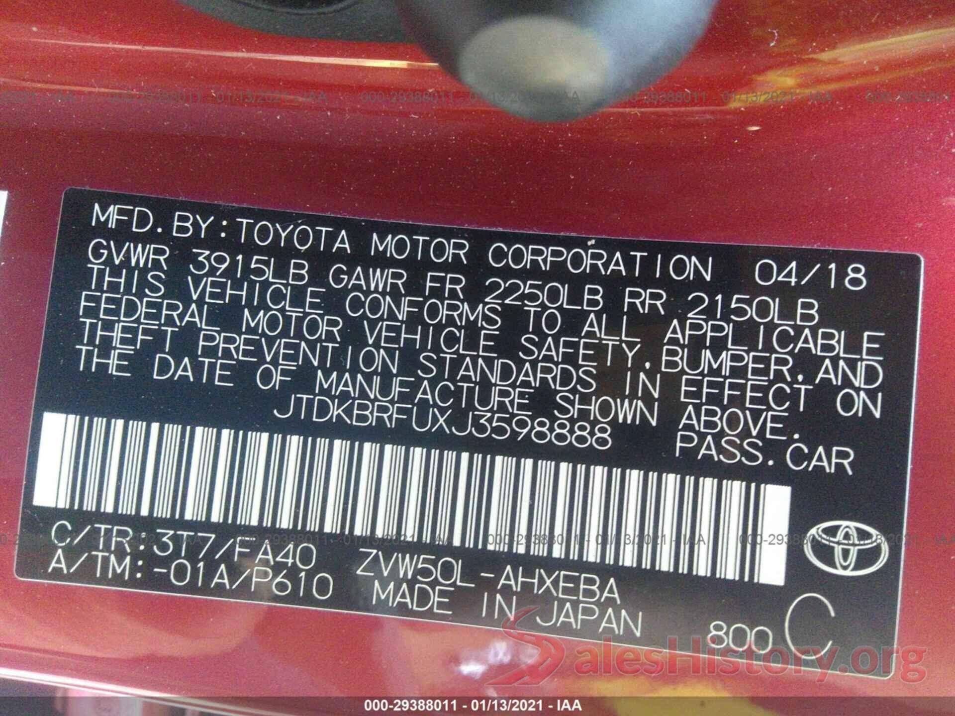 JTDKBRFUXJ3598888 2018 TOYOTA PRIUS