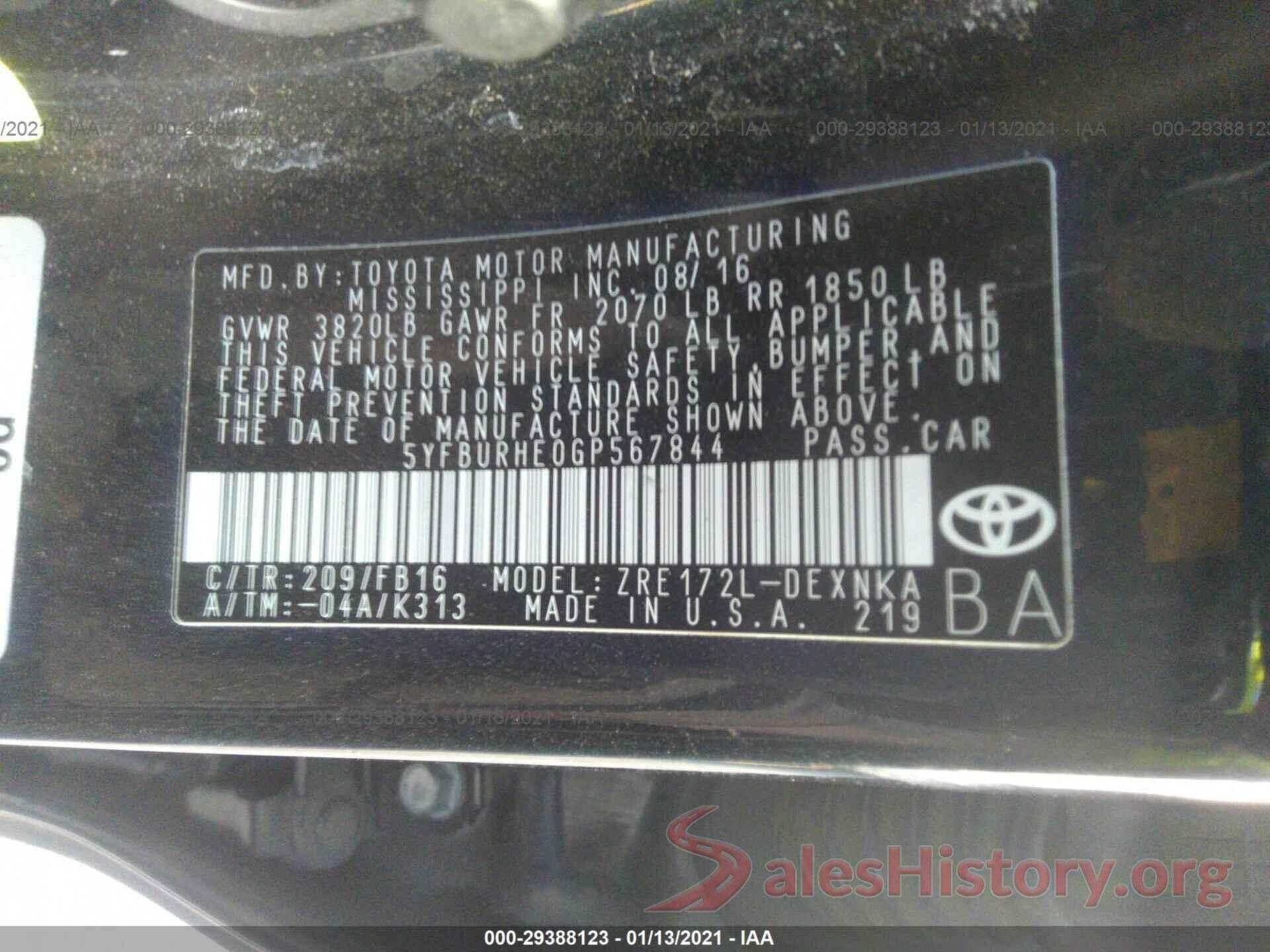 5YFBURHE0GP567844 2016 TOYOTA COROLLA