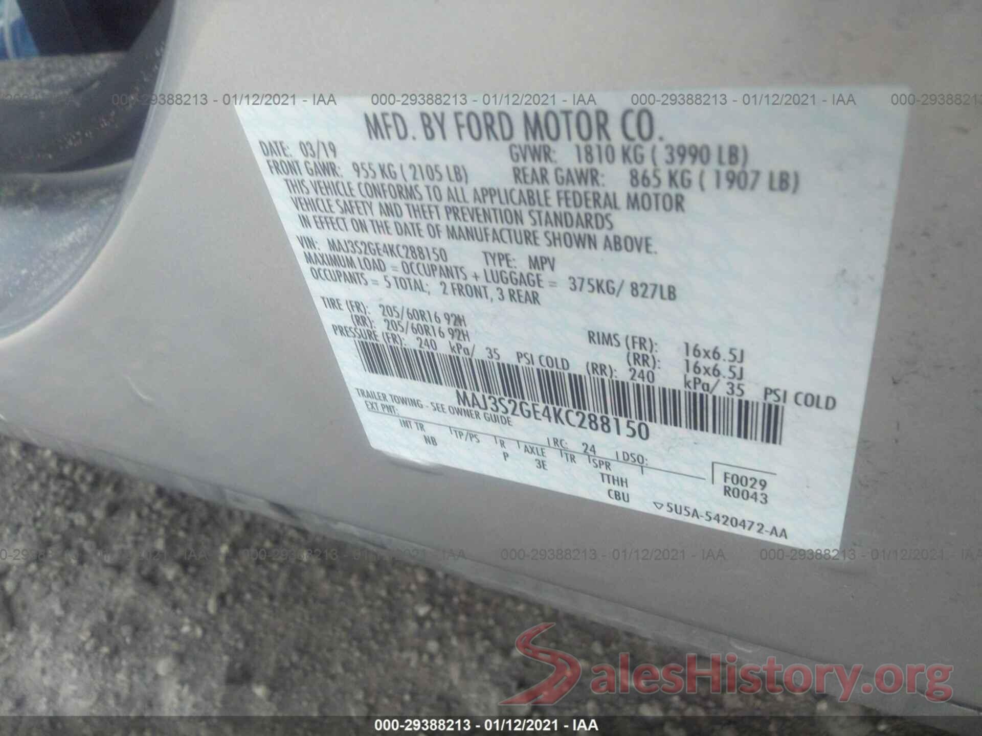 MAJ3S2GE4KC288150 2019 FORD ECOSPORT