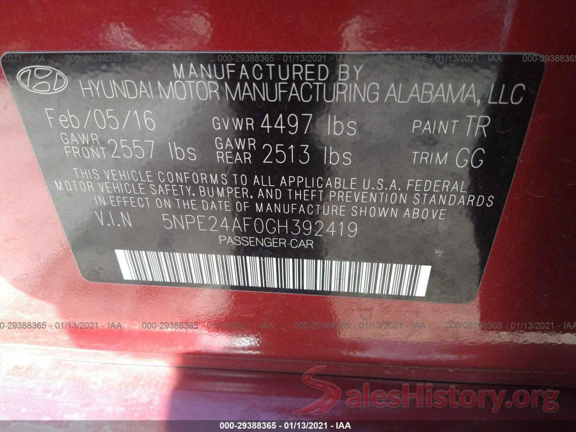 5NPE24AF0GH392419 2016 HYUNDAI SONATA