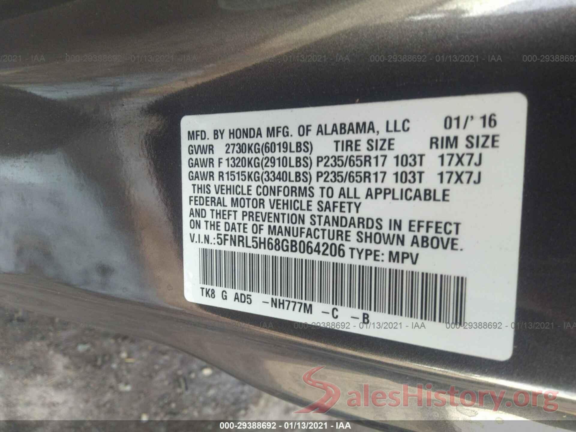 5FNRL5H68GB064206 2016 HONDA ODYSSEY