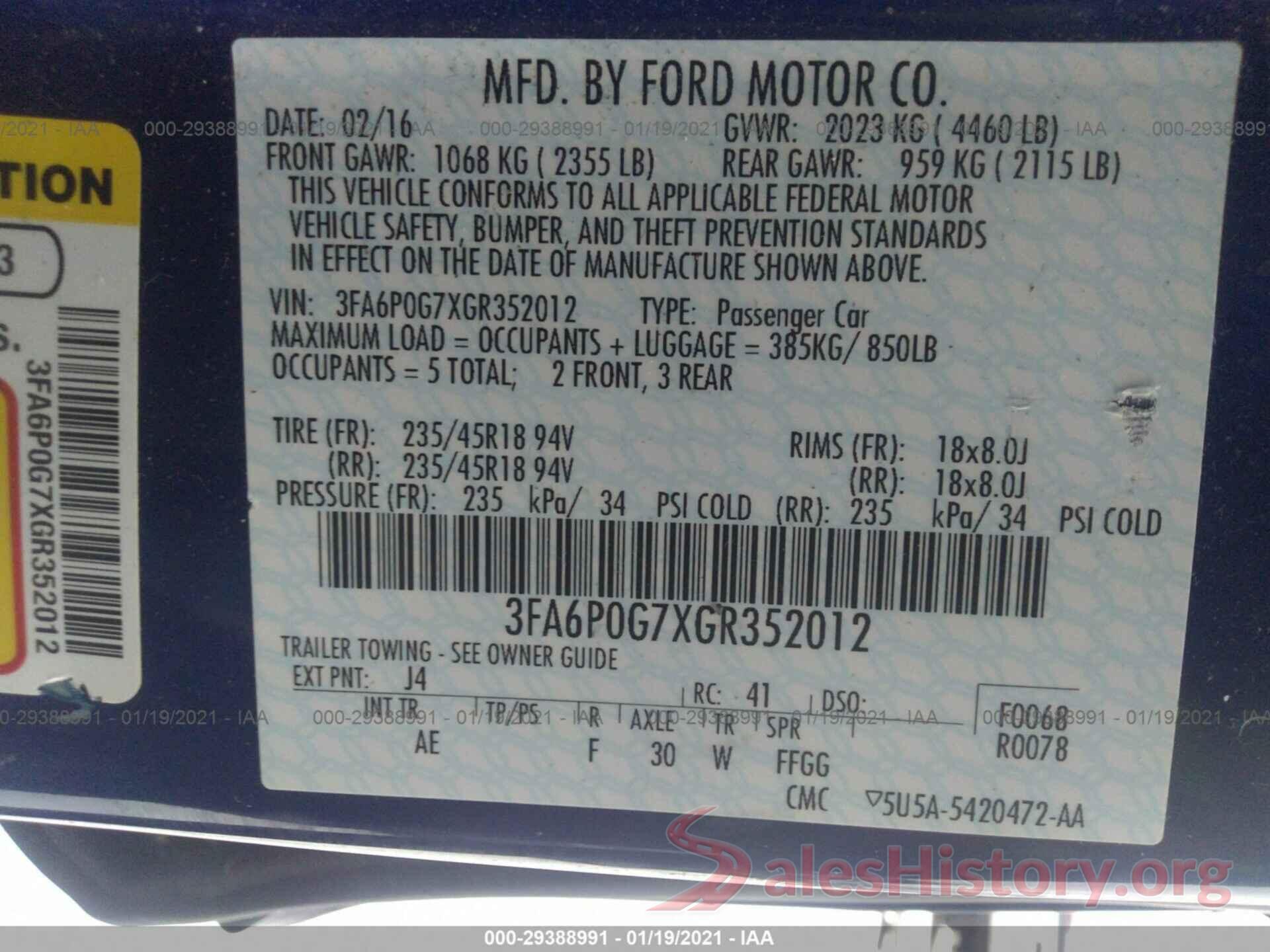 3FA6P0G7XGR352012 2016 FORD FUSION