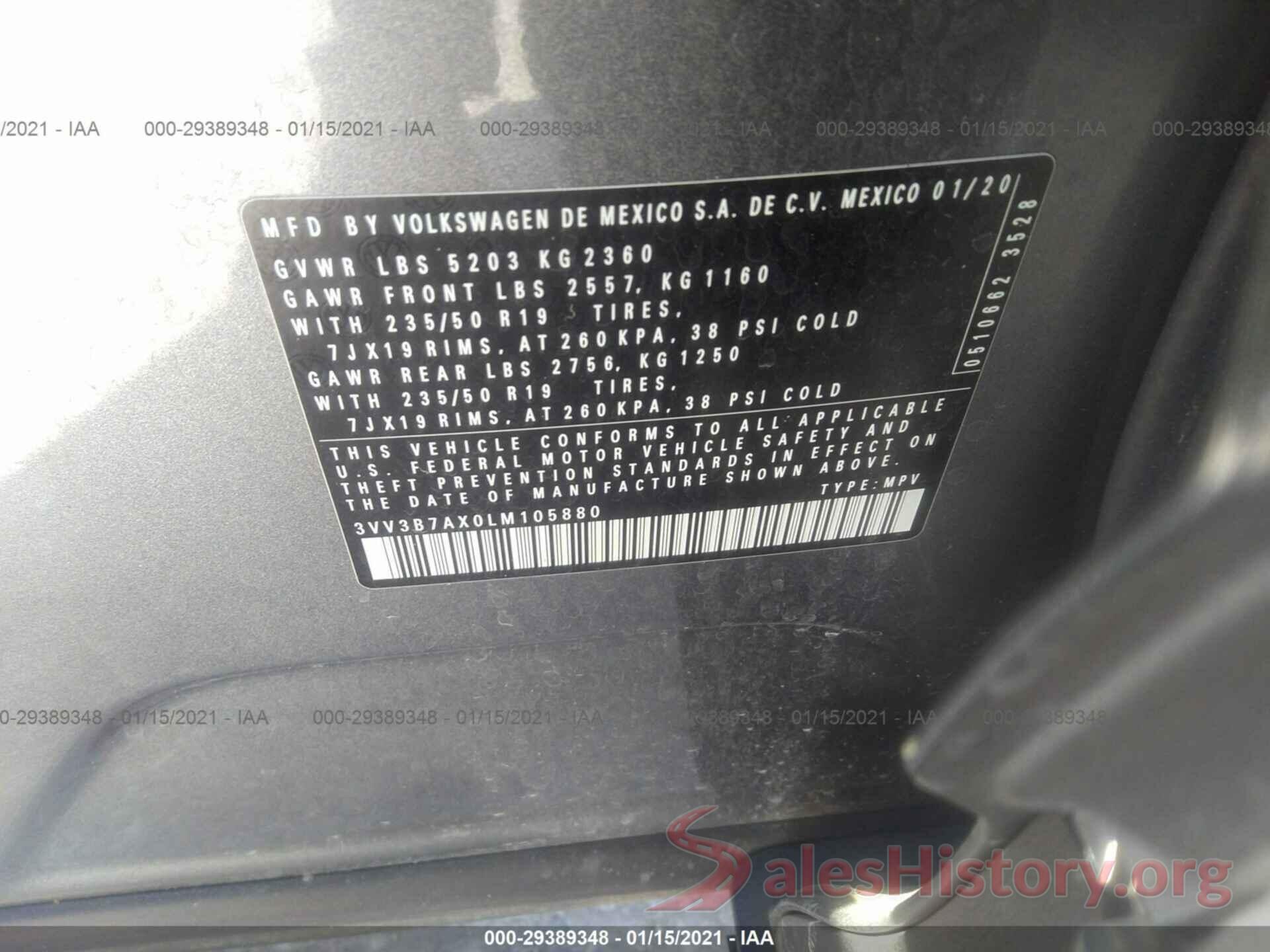 3VV3B7AX0LM105880 2020 VOLKSWAGEN TIGUAN