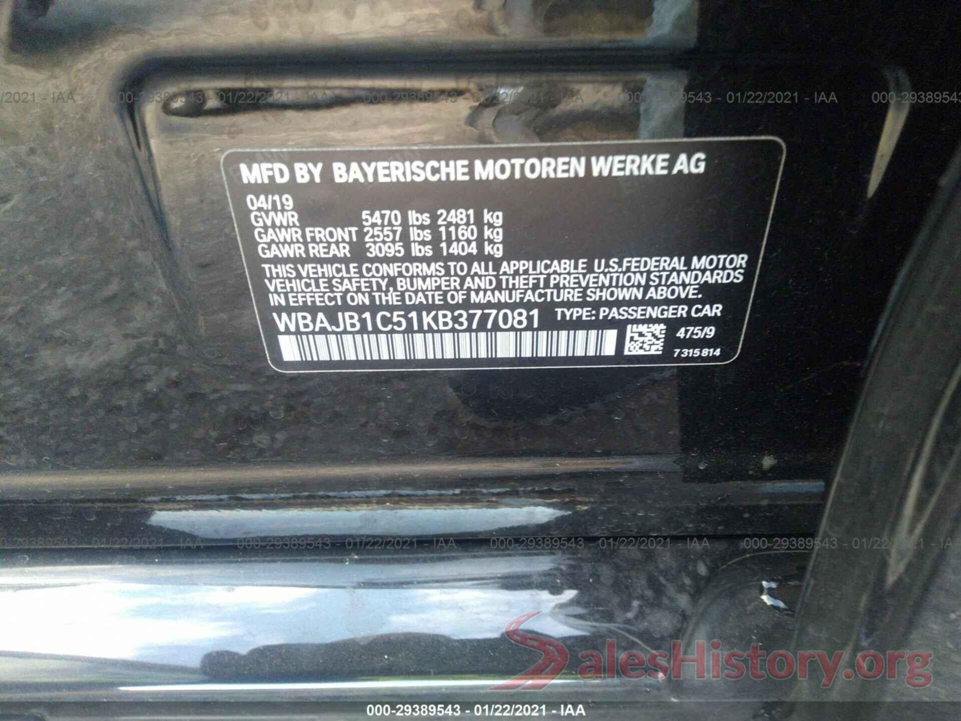 WBAJB1C51KB377081 2019 BMW 5 SERIES