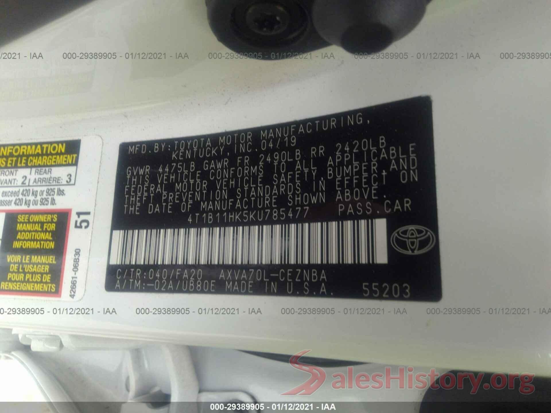 4T1B11HK5KU785477 2019 TOYOTA CAMRY