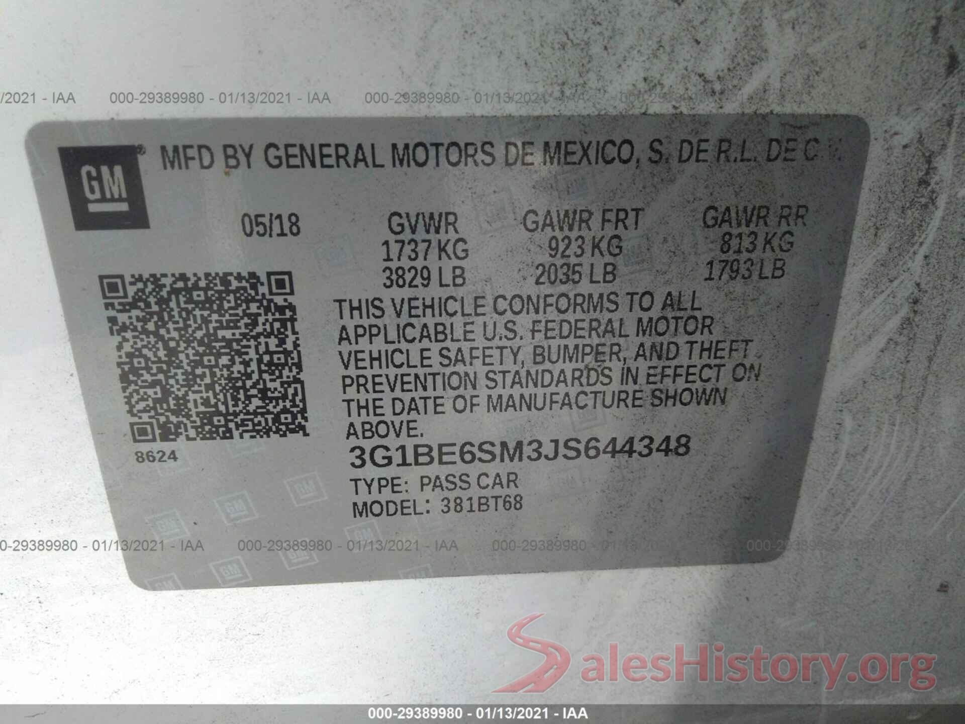 3G1BE6SM3JS644348 2018 CHEVROLET CRUZE