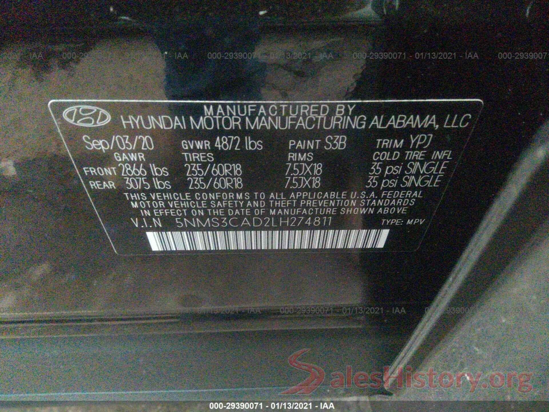 5NMS3CAD2LH274811 2020 HYUNDAI SANTA FE