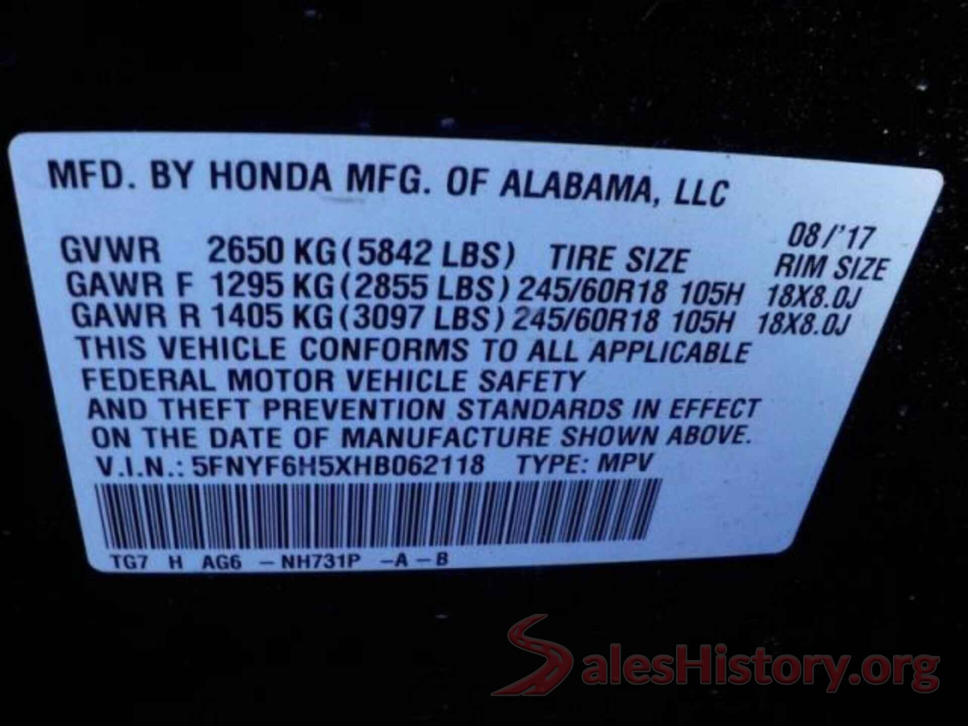 5FNYF6H5XHB062118 2017 HONDA PILOT