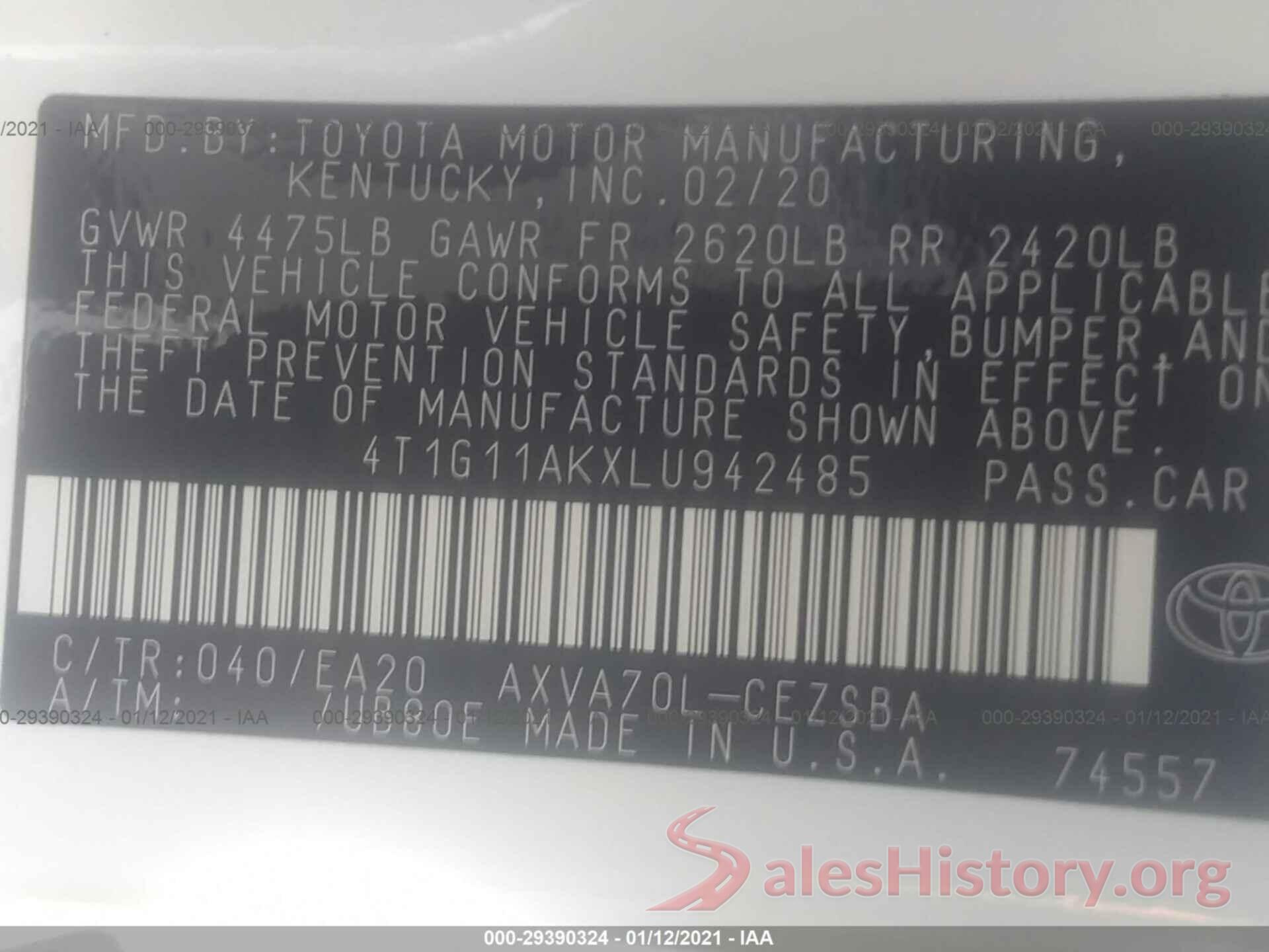 4T1G11AKXLU942485 2020 TOYOTA CAMRY