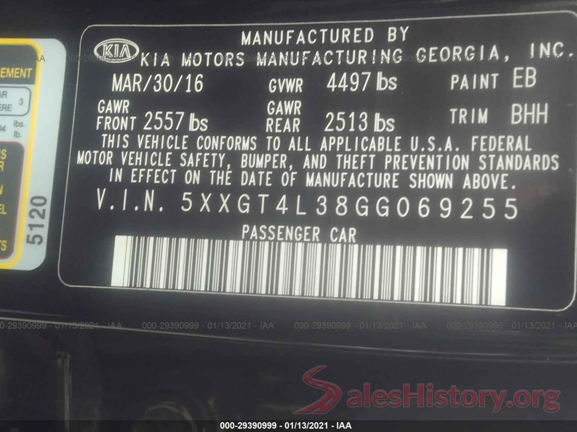 5XXGT4L38GG069255 2016 KIA OPTIMA